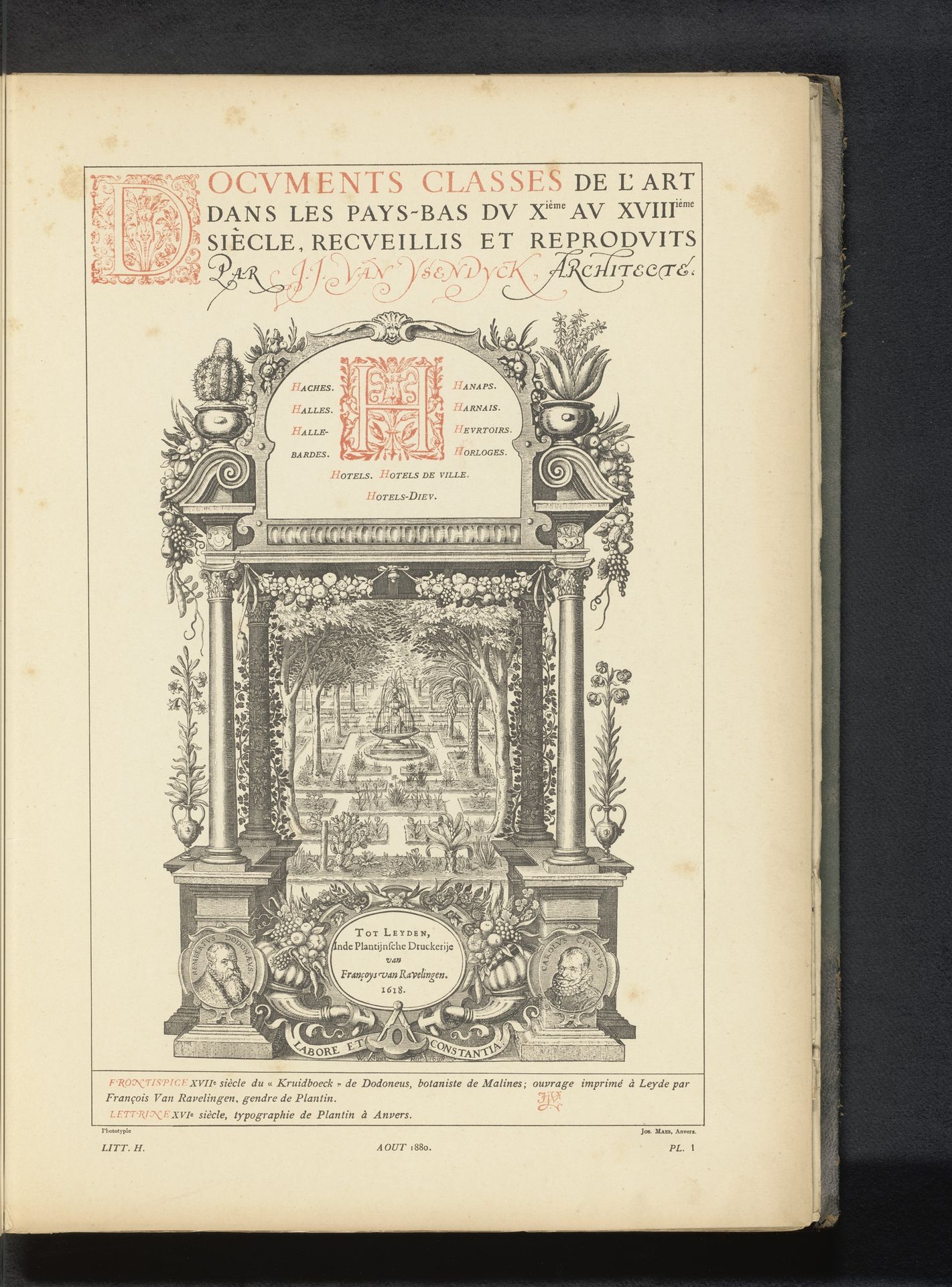 Reproductie van een titelpagina van Kruidboeck van Dodoneus, met een doorkijk op een tuin, een portret van Rembertus Dodonaeus en een portret van Carolus Clusius by Anonymous