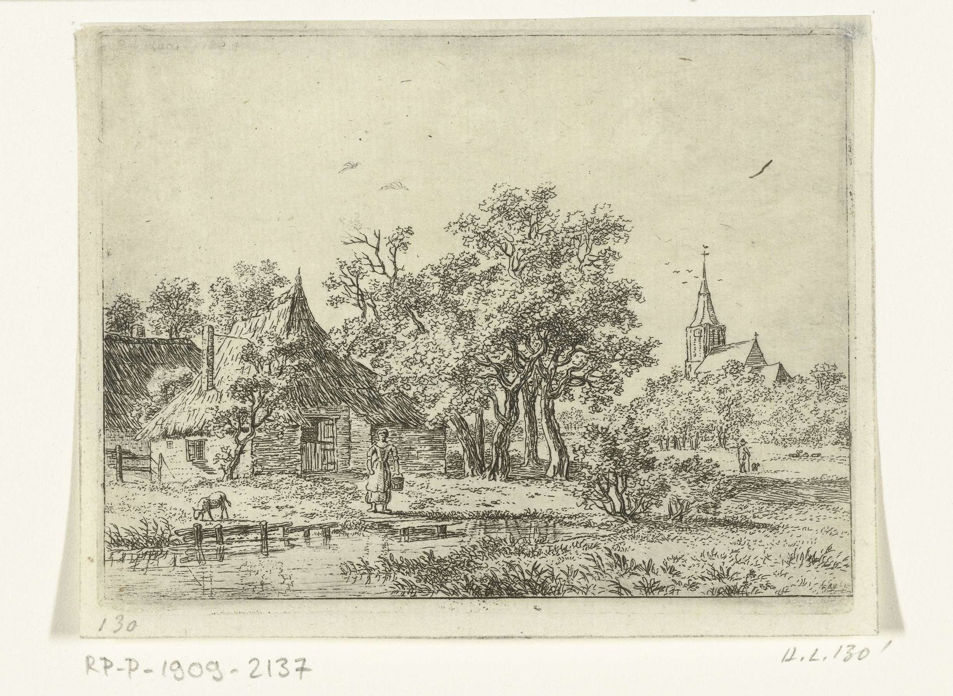 Dorpsgezicht met maagd die water uit de sloot haalt by Ernst Willem Jan Bagelaar