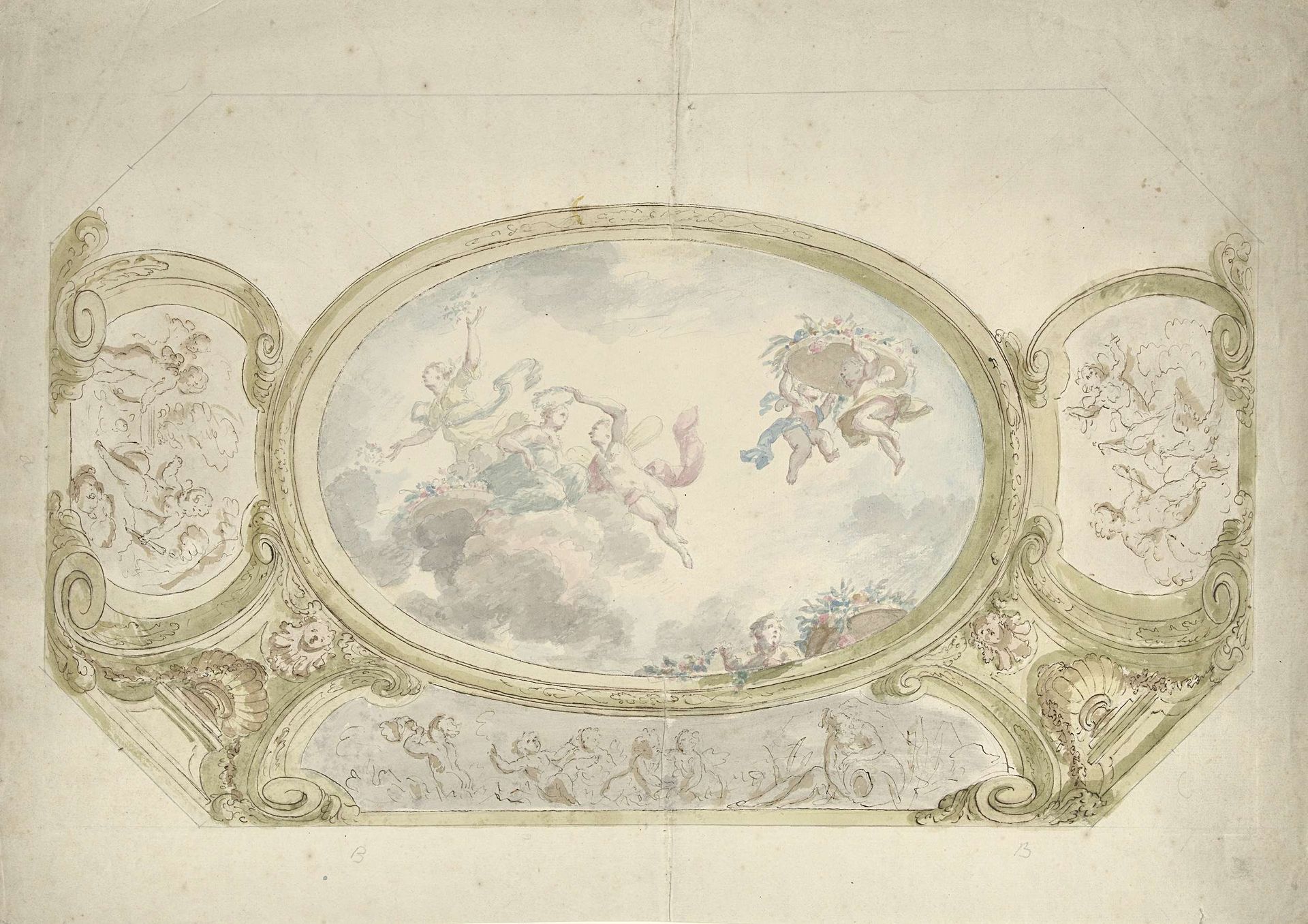 Ontwerp voor een plafondschildering: ovaal met allegorische voorstelling, omringd door scènes met putti by Dionys van Nijmegen