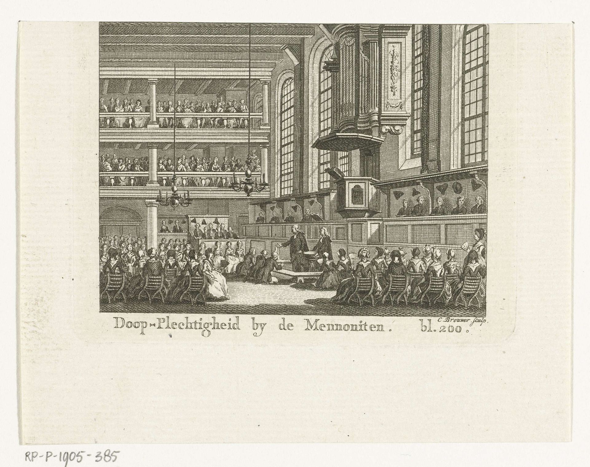 Interieur van Doopsgezinde kerk Bij 't Lam tijdens de bediening van de doop by Cornelis Brouwer