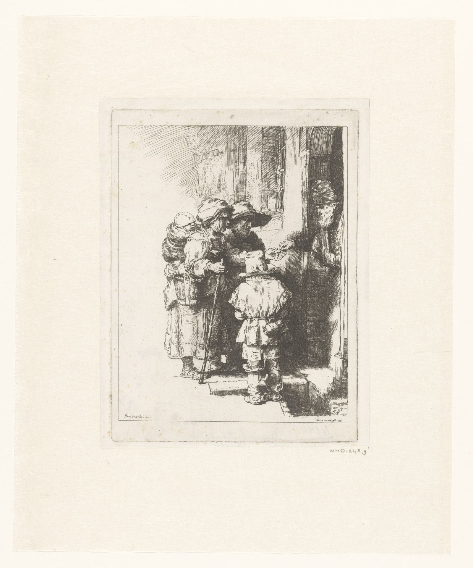 A blind hurdy-gurdy player and family receiving alms by Francesco Novelli