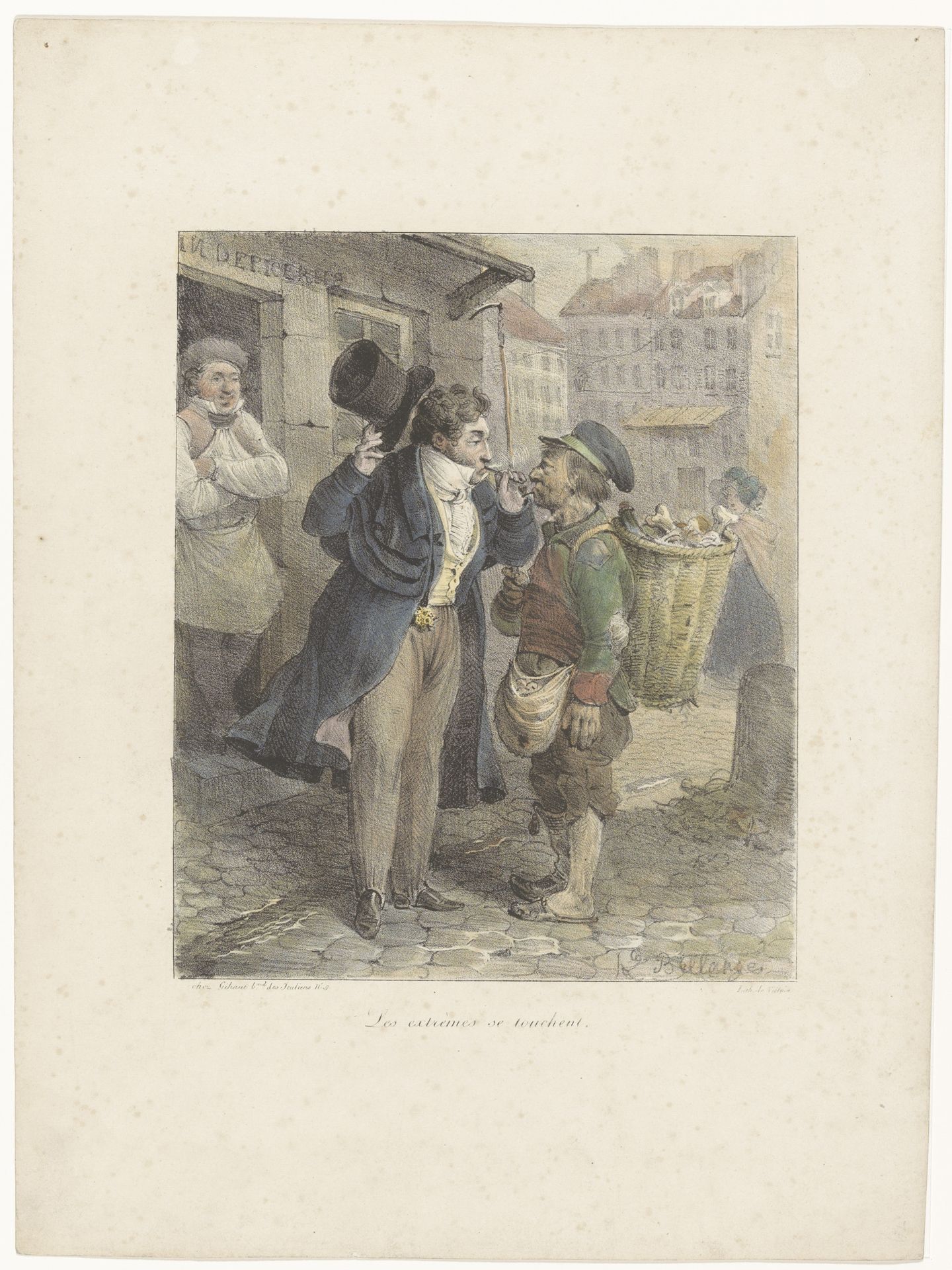 Deftig geklede heer ontsteekt zijn sigaar aan de pijp van een arbeider in lompen by Hippolyte Bellangé