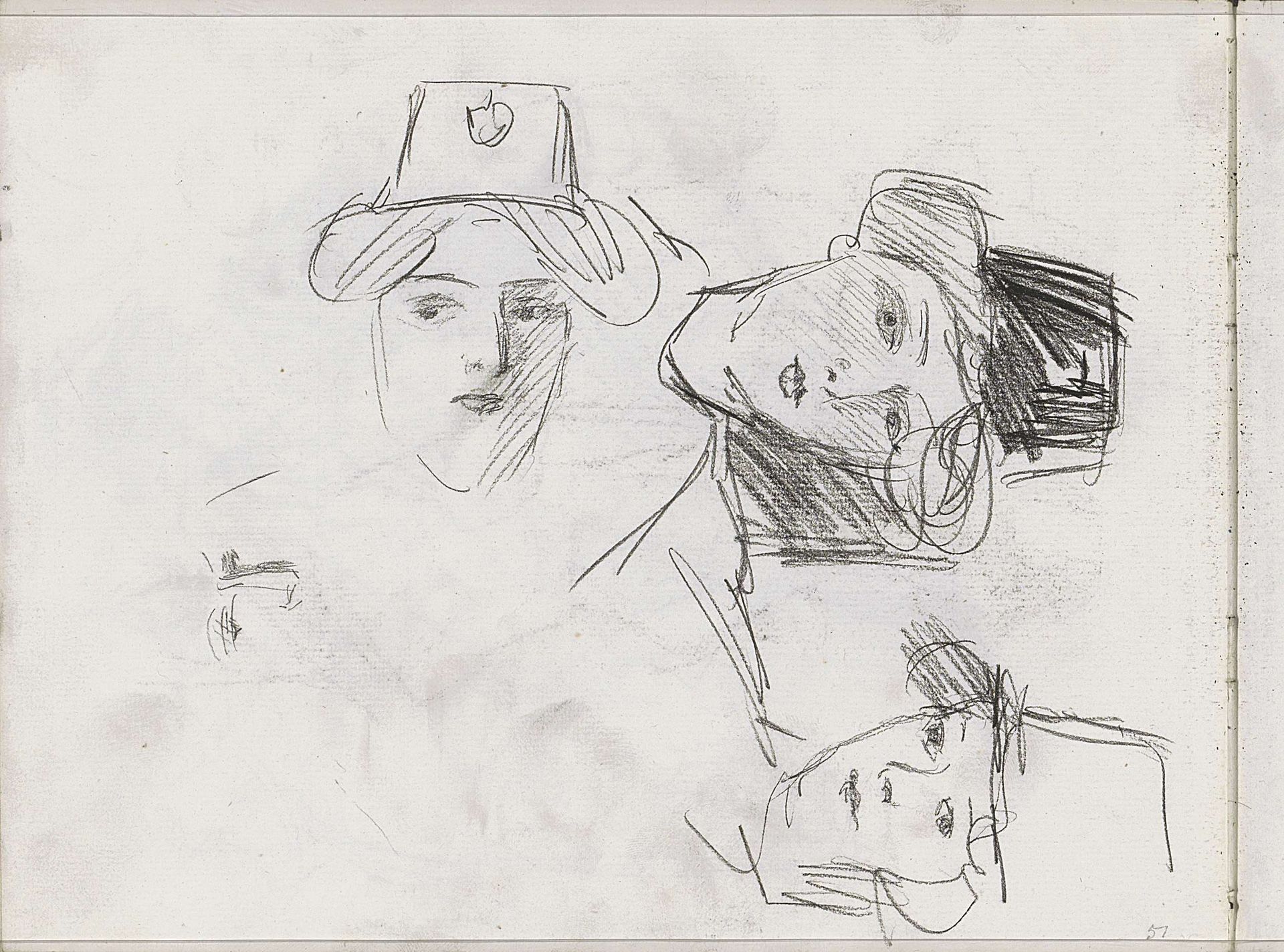Vrouwenhoofden met hoeden, mogelijk variétéartiesten by Isaac Israels