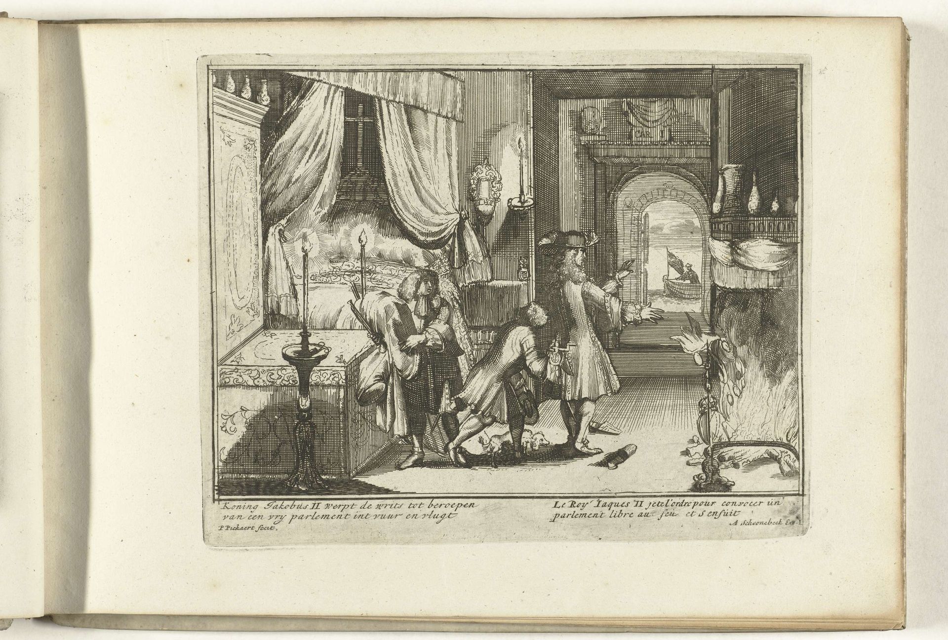 Jacobus II werpt de voorstellen voor een vrij parlement in het vuur en vlucht, 1688 by Pieter Pickaert
