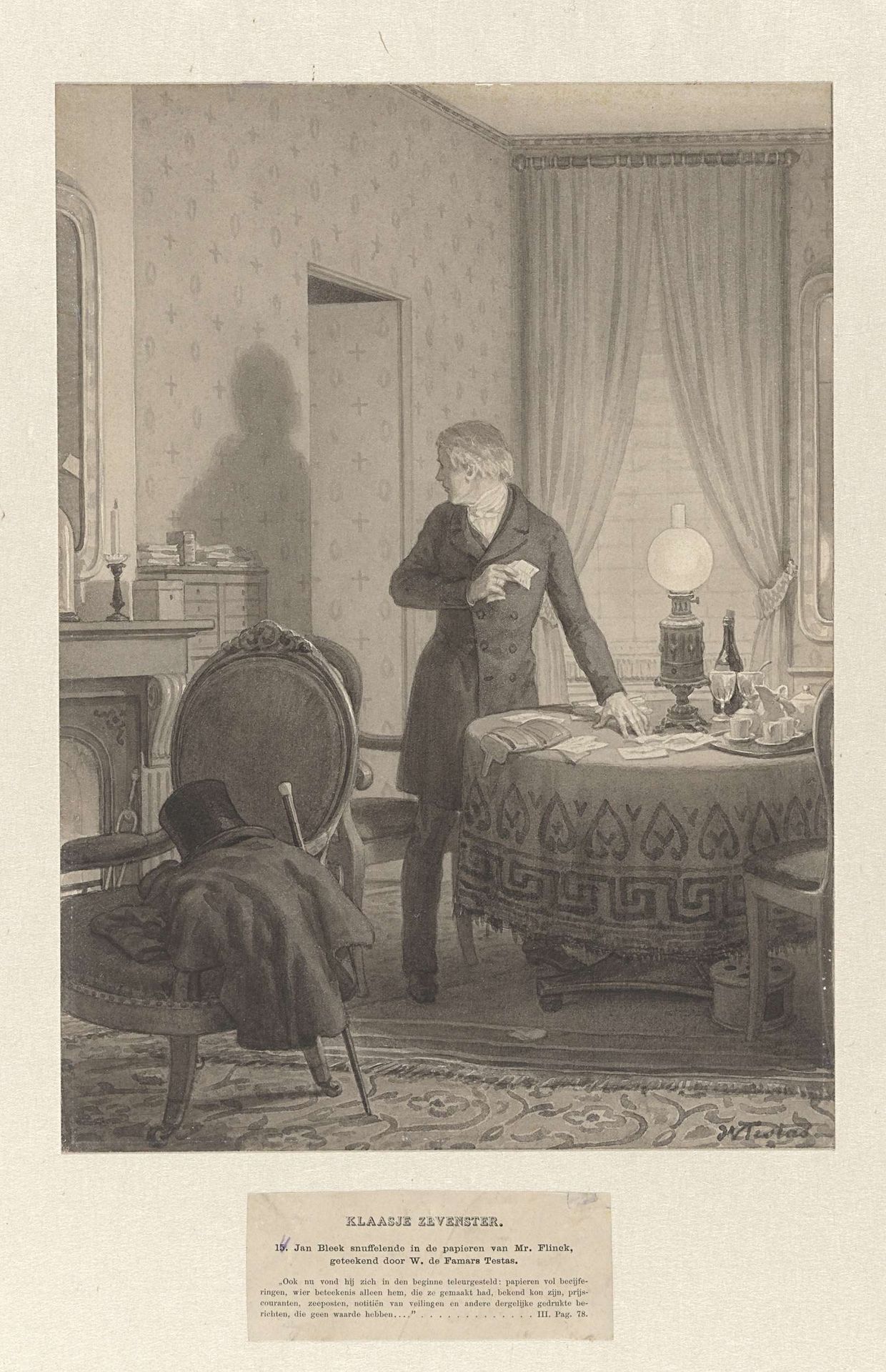 Jan Bleek snuffelende in de papieren van Mr. Flinck by Willem de Famars Testas