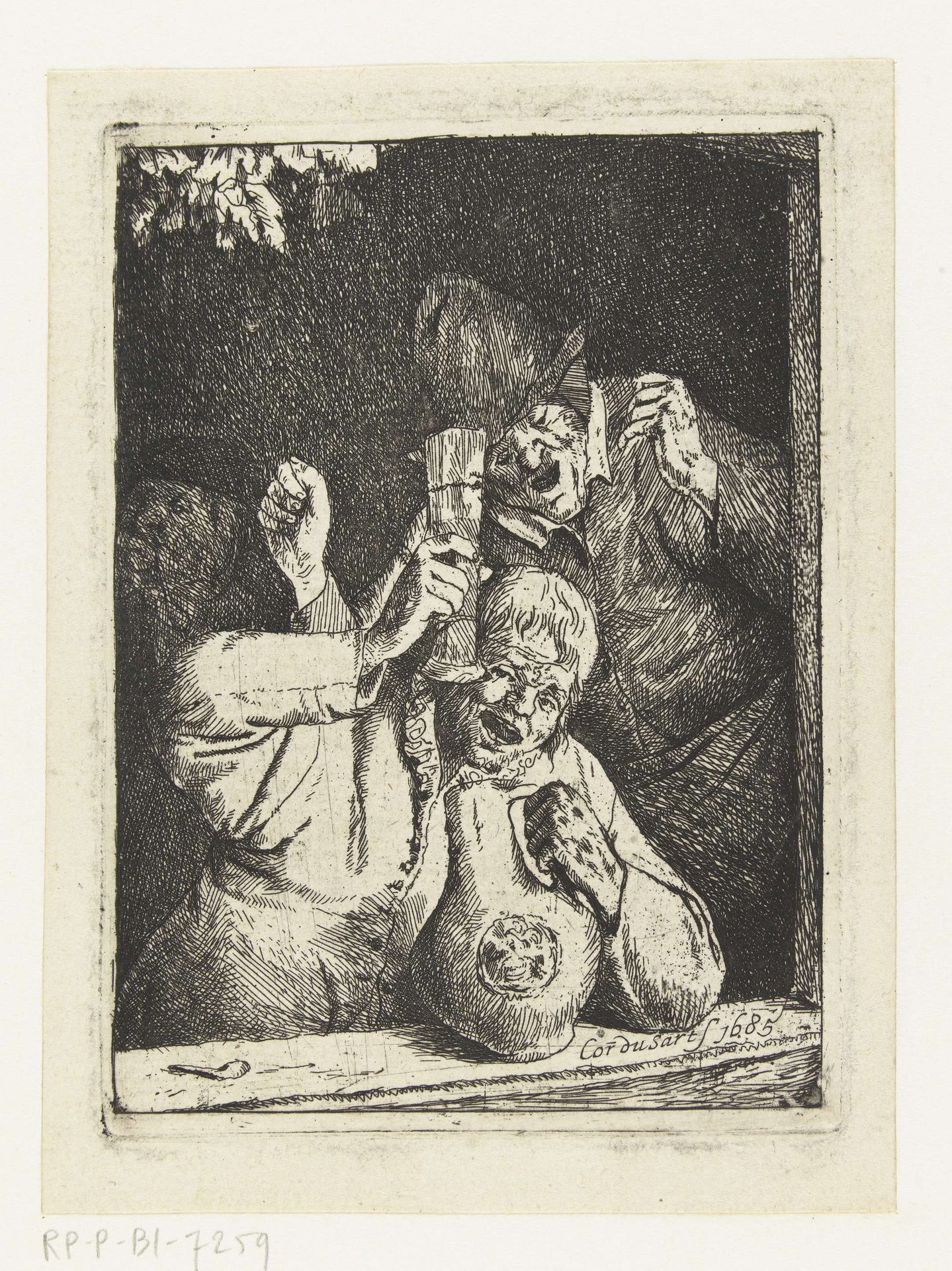 Twee dronken mannen in een raamopening by Cornelis Dusart
