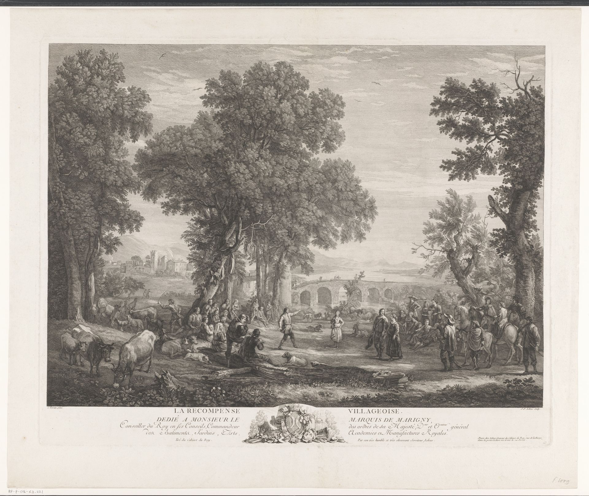 Dansende figuren in een landschap met op de achtergrond een brug by Jacques Philippe Le Bas