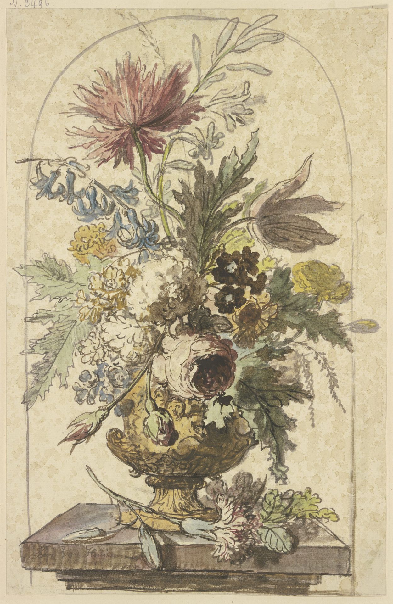 Blumenbouquet in einer Vase, vorne liegt eine Nelke by Jan van Huysum