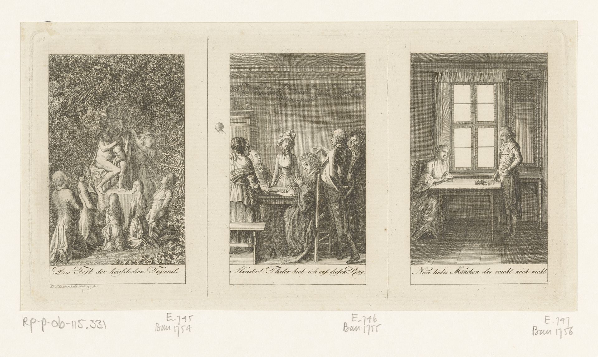 Drie voorstellingen voor verhalen voor dames van Friedrich Ehrenberg by Daniel Nikolaus Chodowiecki