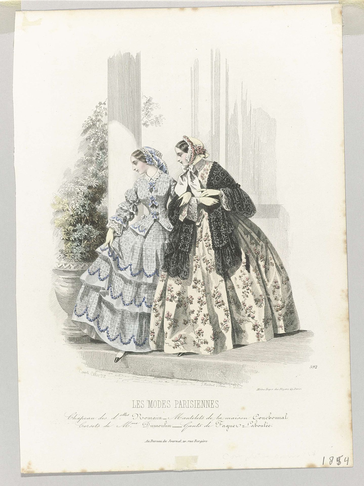 Les Modes Parisiennes, 1854, No. 592 : Chapeau des d.elles Romain (...) by Montaut d'Oleron. Gabriel Xavier