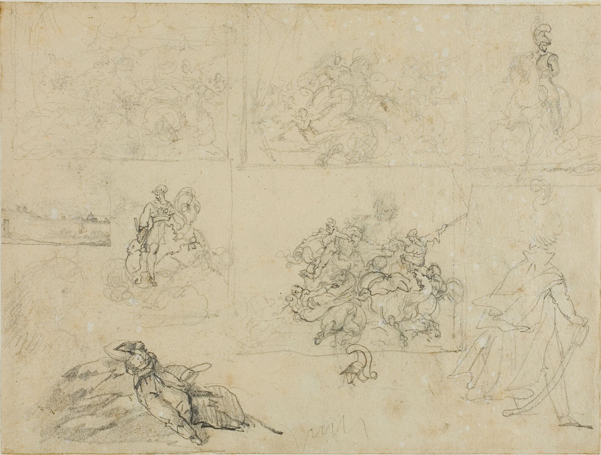 Sketches of A Cavalry Battle, Soldiers, and a Landscape by Théodore Géricault