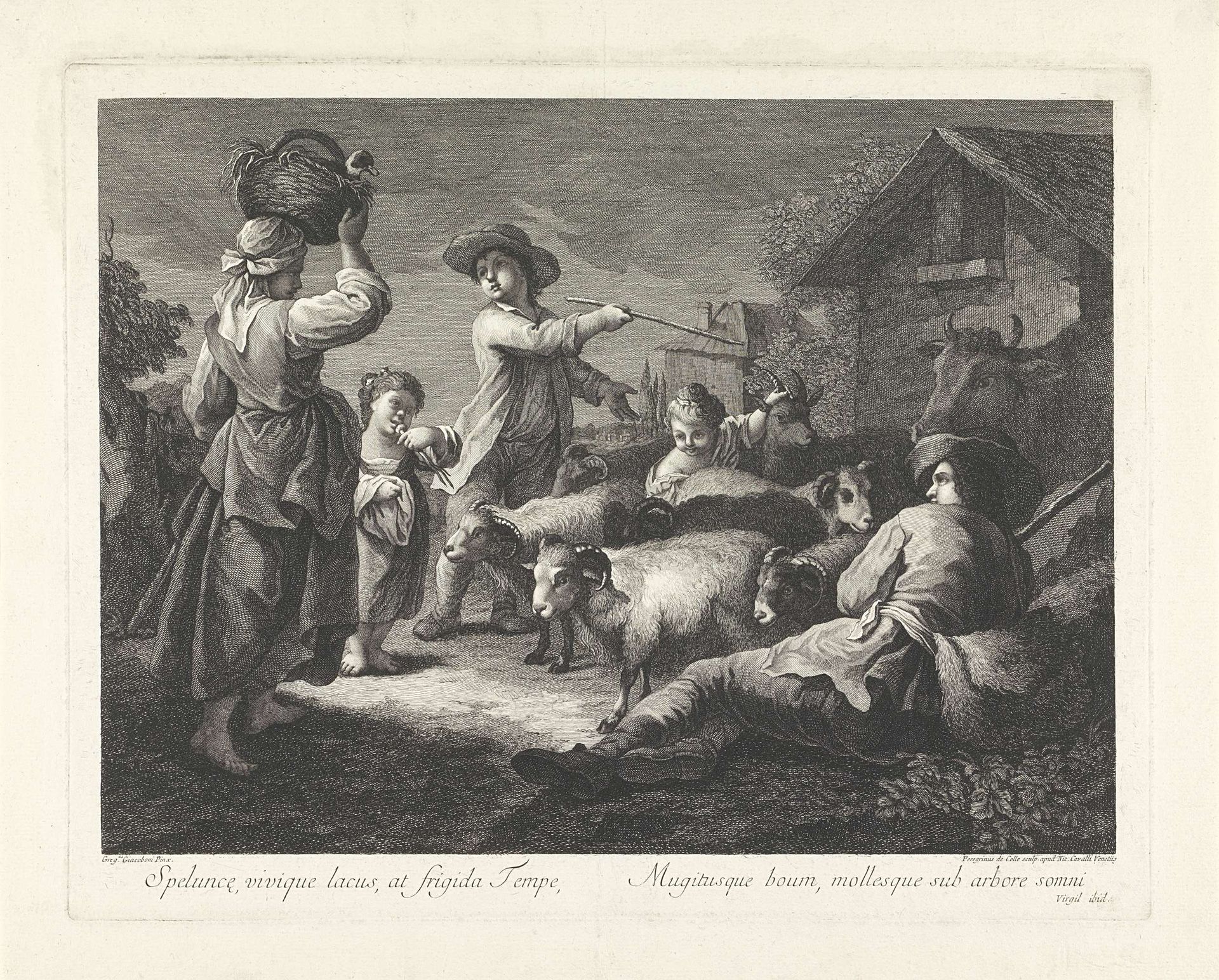 Herders met kudde en boerinnen by Pellegrino dal Colle