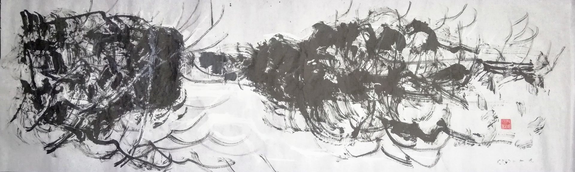 Modern sumi-e/shuimo with the ink and the swan feather (on corn stalk) by Alfred Freddy Krupa