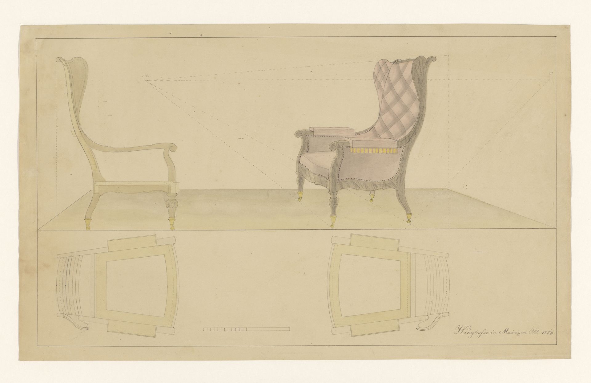 Ontwerp voor een beklede armstoel met wangen en koperen pootjes op rolwieltjes, met zijaanzicht en plattegronden onder beide aanzichten by B. Winghofer