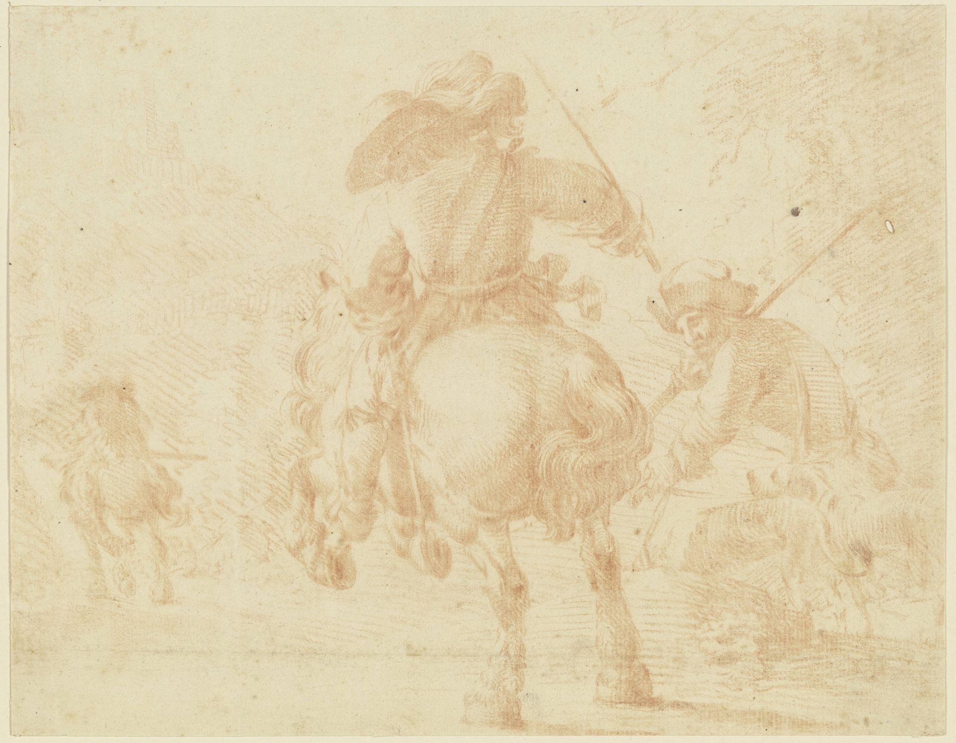 Jäger zu Pferde, vom Rücken gesehen, neben ihm ein Begleiter mit Hunden by Georg Melchior Kraus