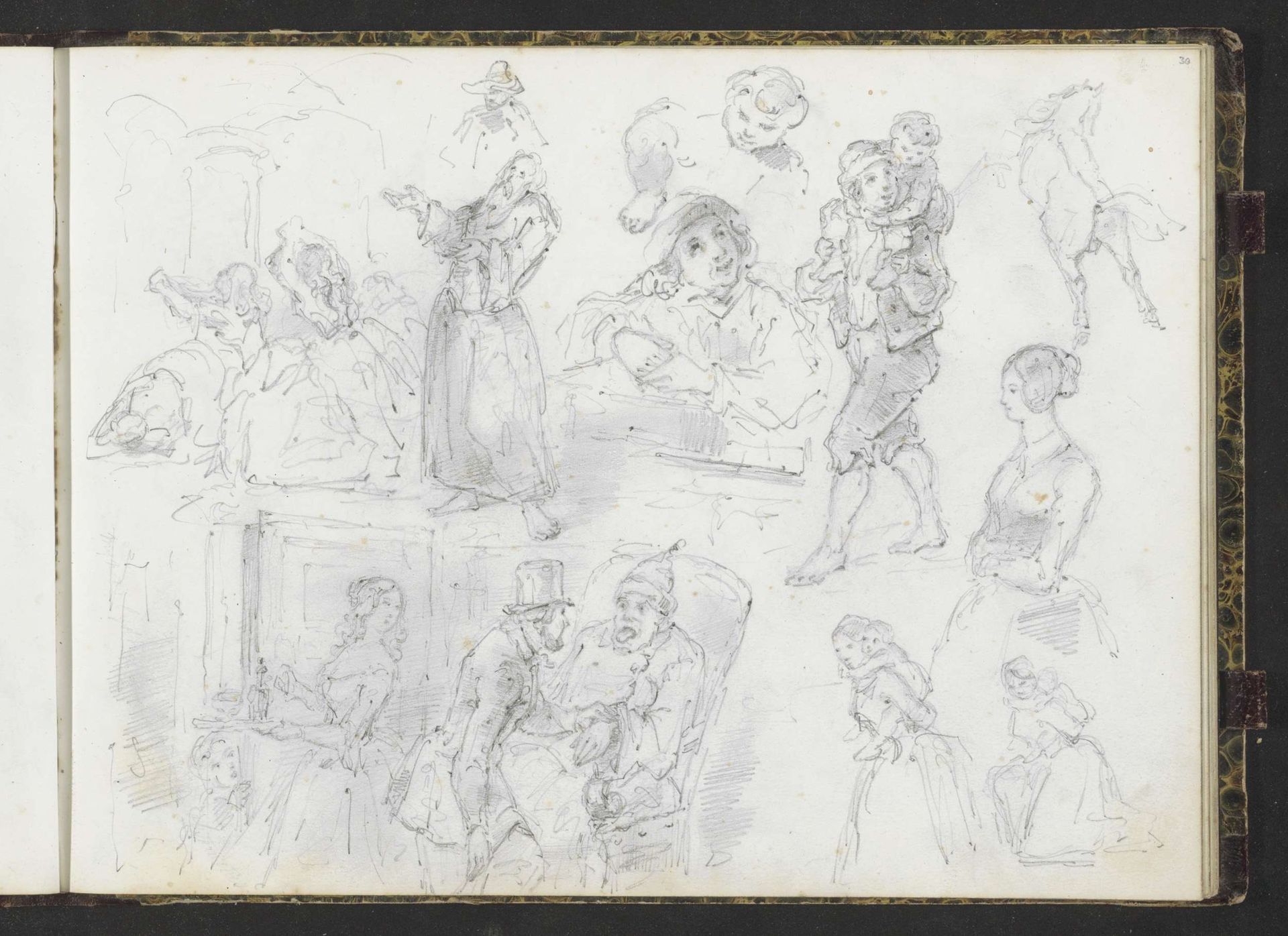 Studieblad met moeders met kinderen, een steigerend paard en een monnik by Lambertus Lingeman