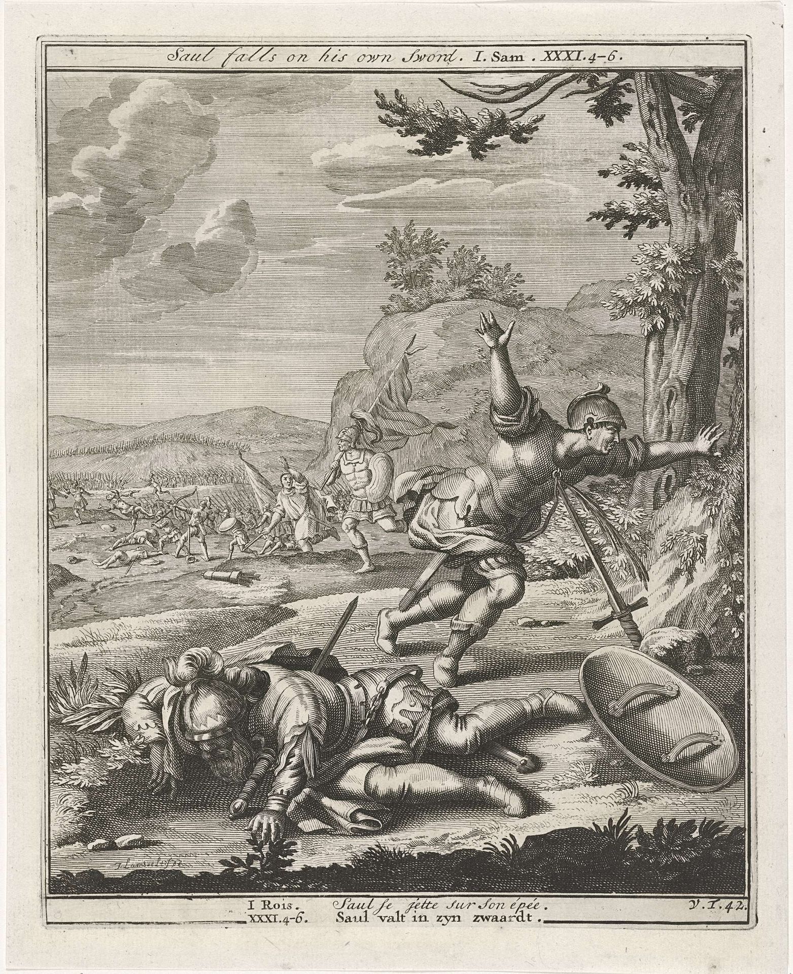 Koning Saul stort zich in zijn zwaard by Jan Lamsvelt
