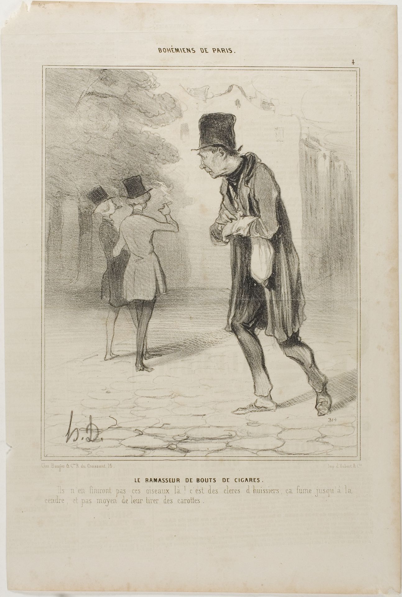 The Collector of Cigar Stubs. “When will these buggers finally have finished smoking! They're bailiff's clerks; they smoke until the ashes are left. No way to squeeze a centime out of them,” plate 4 from Bohémiens De Paris by Honoré Daumier