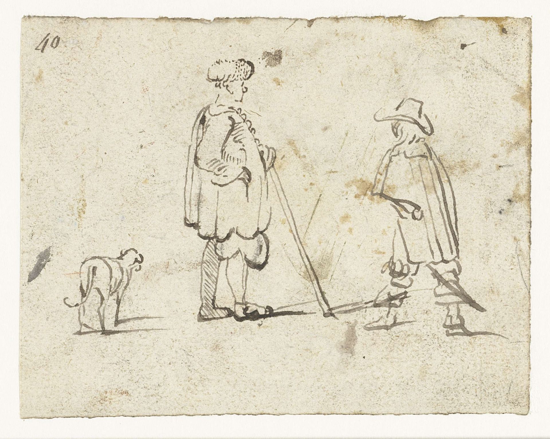 Visser pratend met een man in een mantel, vergezeld door een hond by Harmen ter Borch