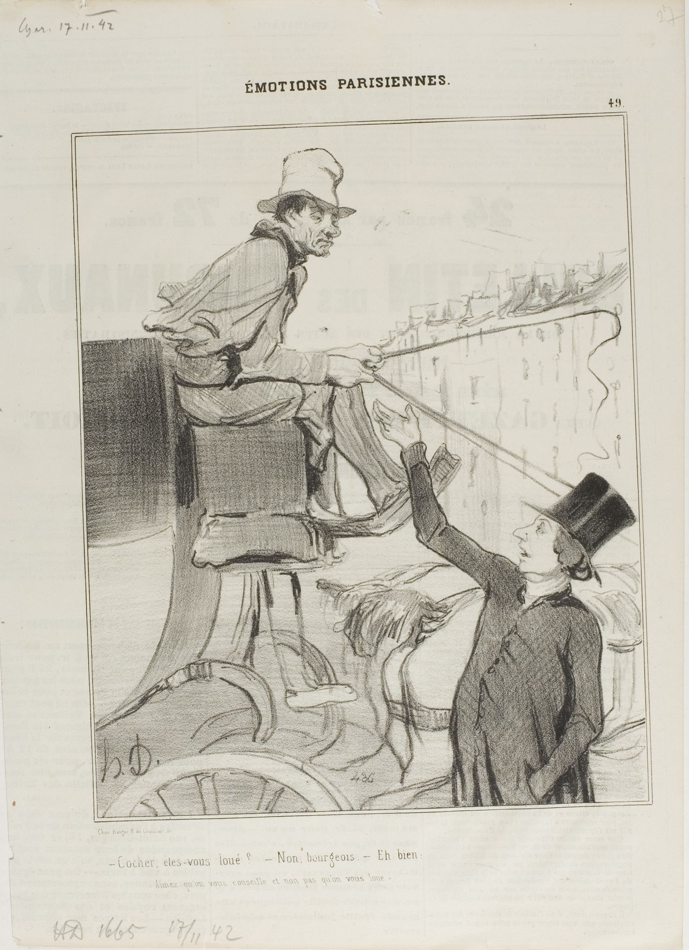 “- Coachman, are you booked? - No, citizen. - Well then: 'you'd rather accept being advised than hired out?,'” plate 49 from Émotions Parisiennes by Honoré Daumier