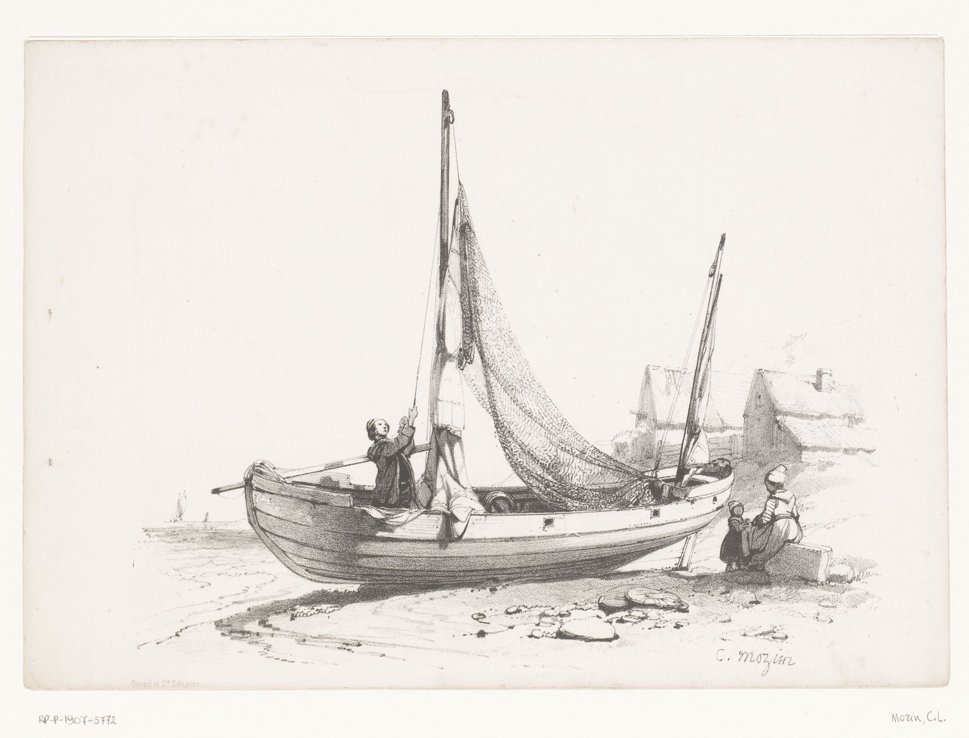 Zeilschip aan het strand by Charles Louis Mozin