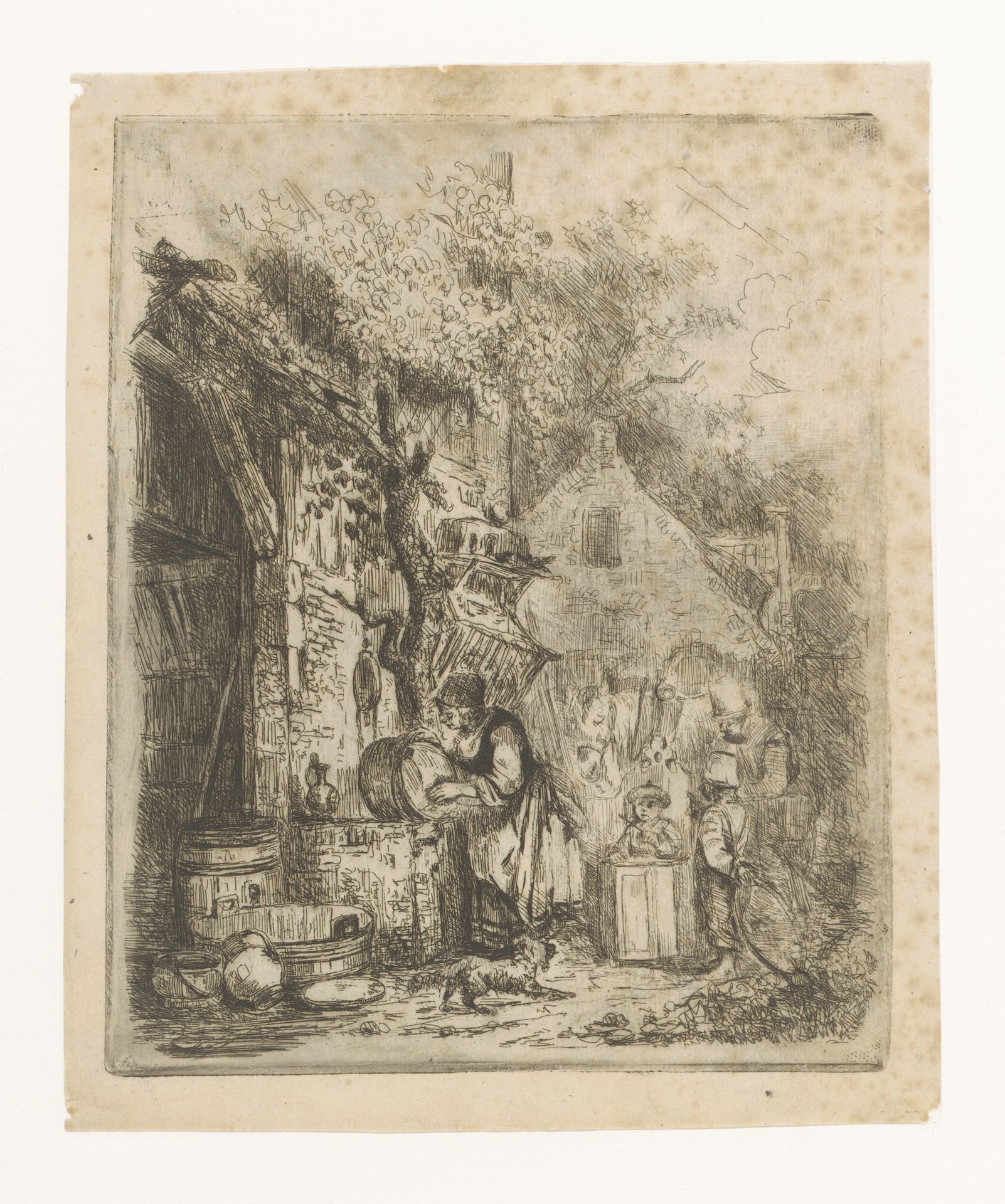 Straatgezicht met vrouw die een ketel schuurt by Adrien Joseph Verhoeven-Ball