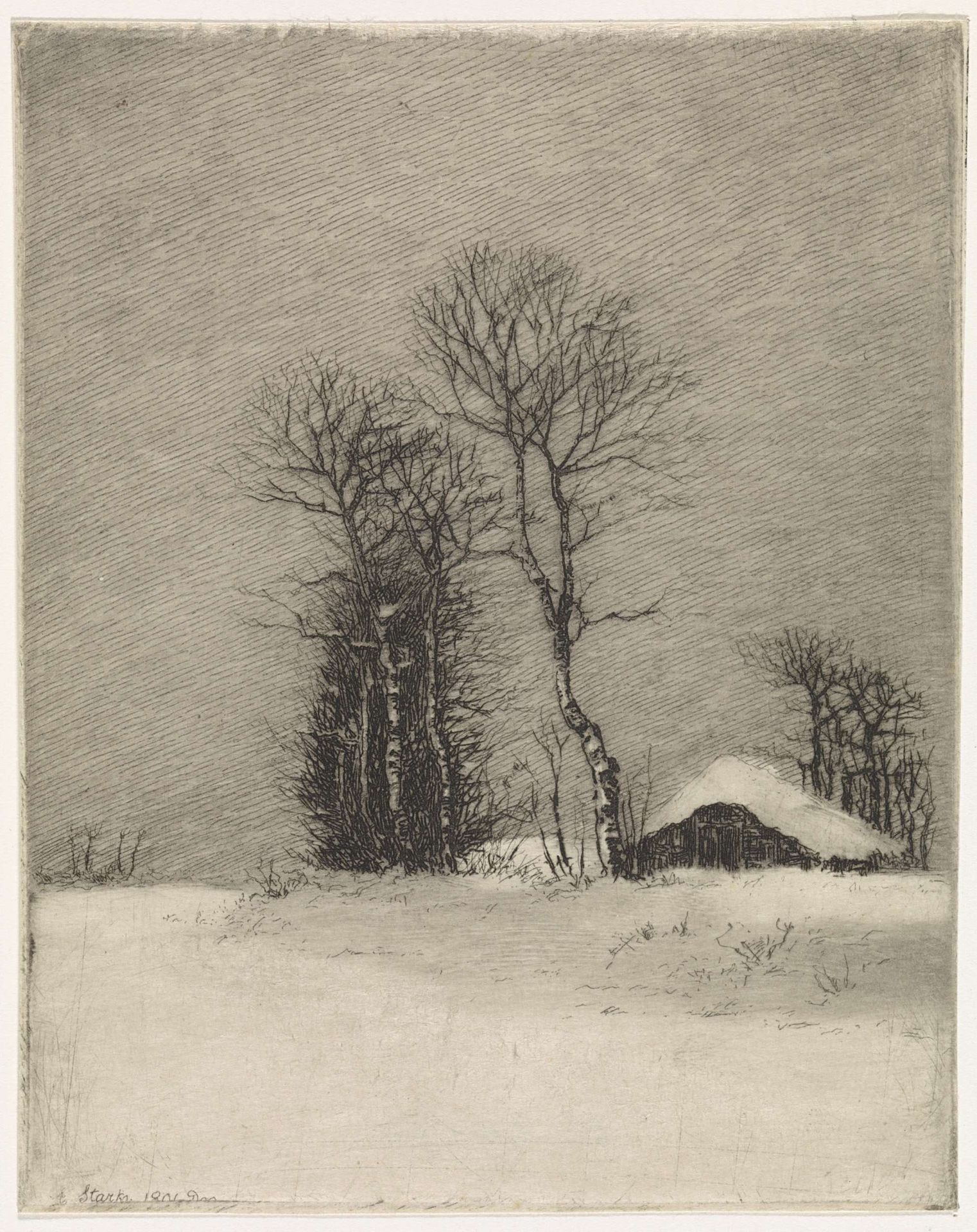 Winterlandschap met boerderij en bomen by Elias Stark
