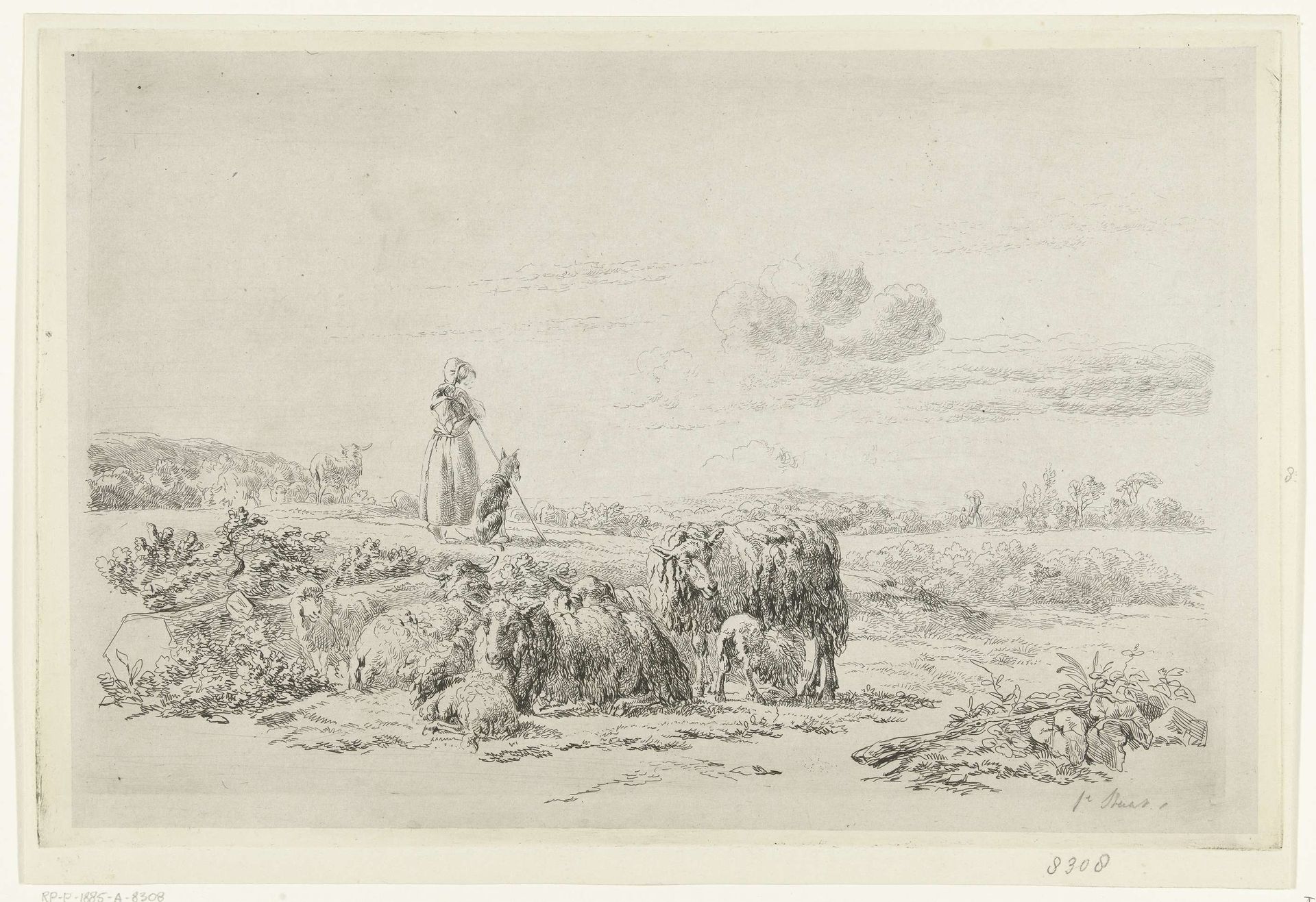 Landschap met herderin en hond bij kudde schapen by Simon van den Berg