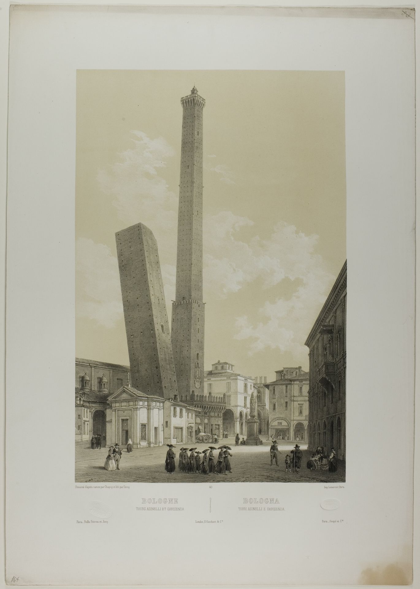 Bologna: The Asinelli and Garisenda towers, plate 40 from Italie Monumentale et Pittoresque by Nicolas Chapuy