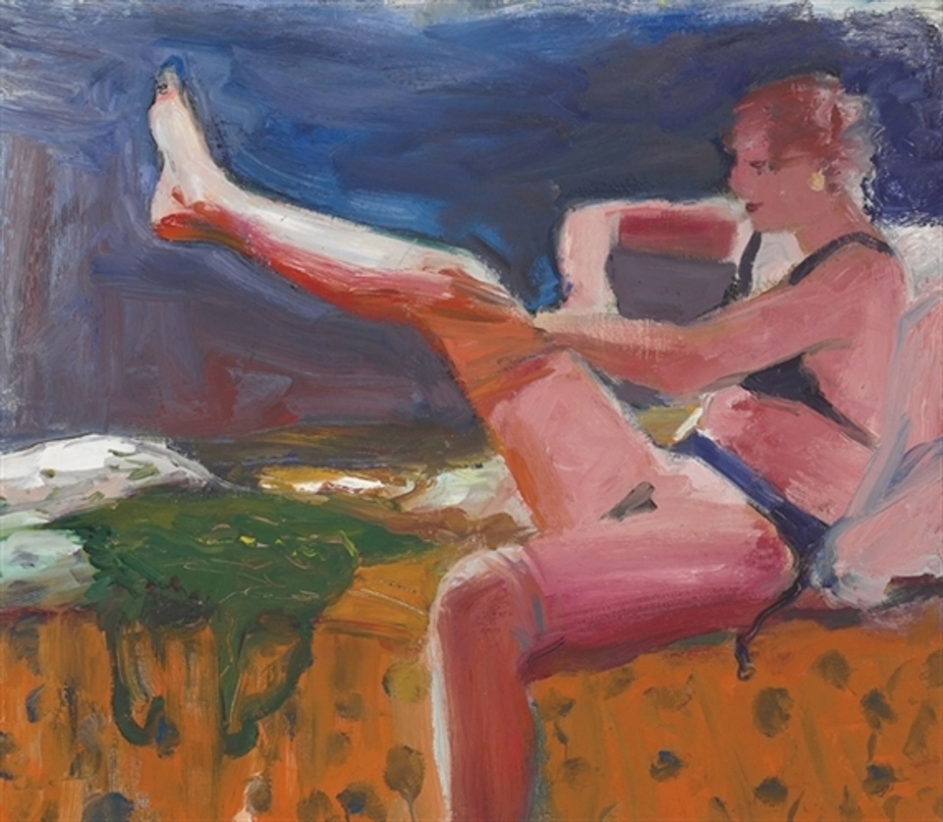 Woman Putting on Stocking by Elmer Bischoff