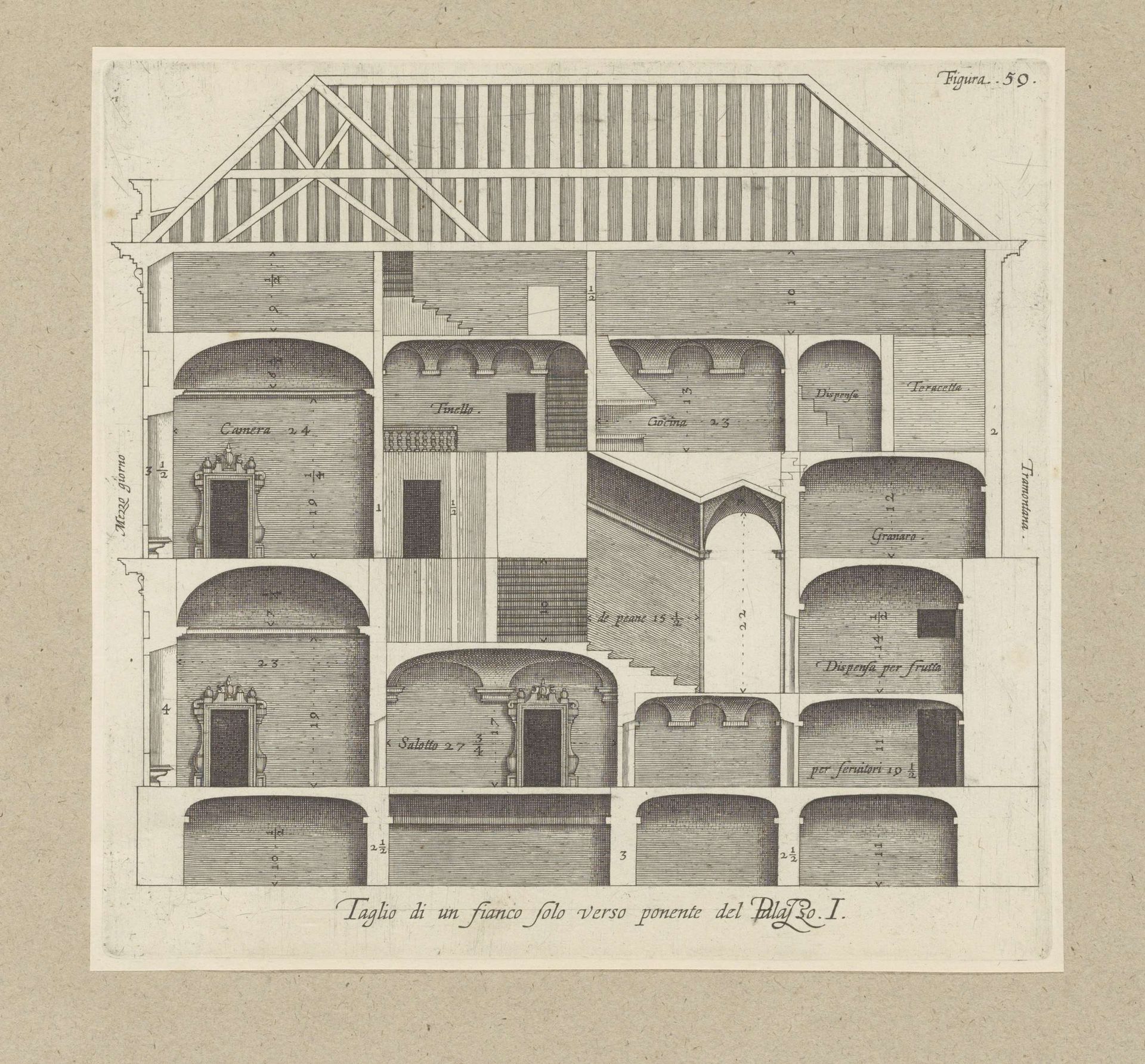Langsdoorsnede van het Palazzo Rostan Raggio te Genua by Nicolaes Ryckmans