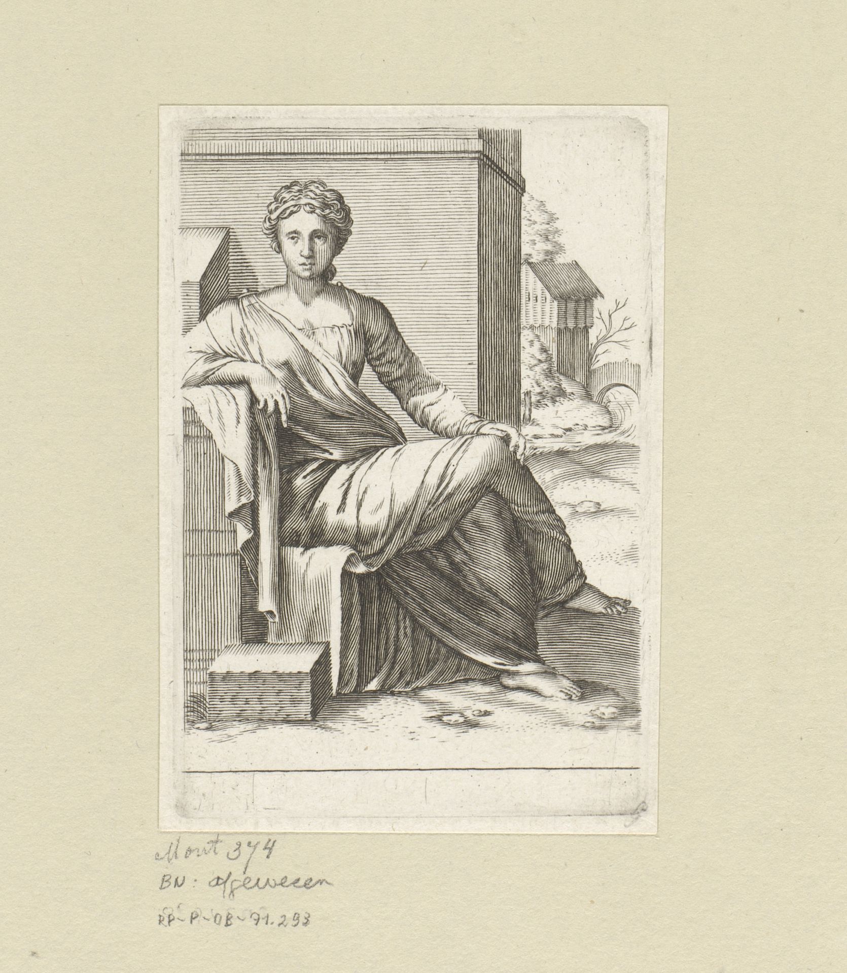 Vrouw zittend voor een muur by Claude Mellan