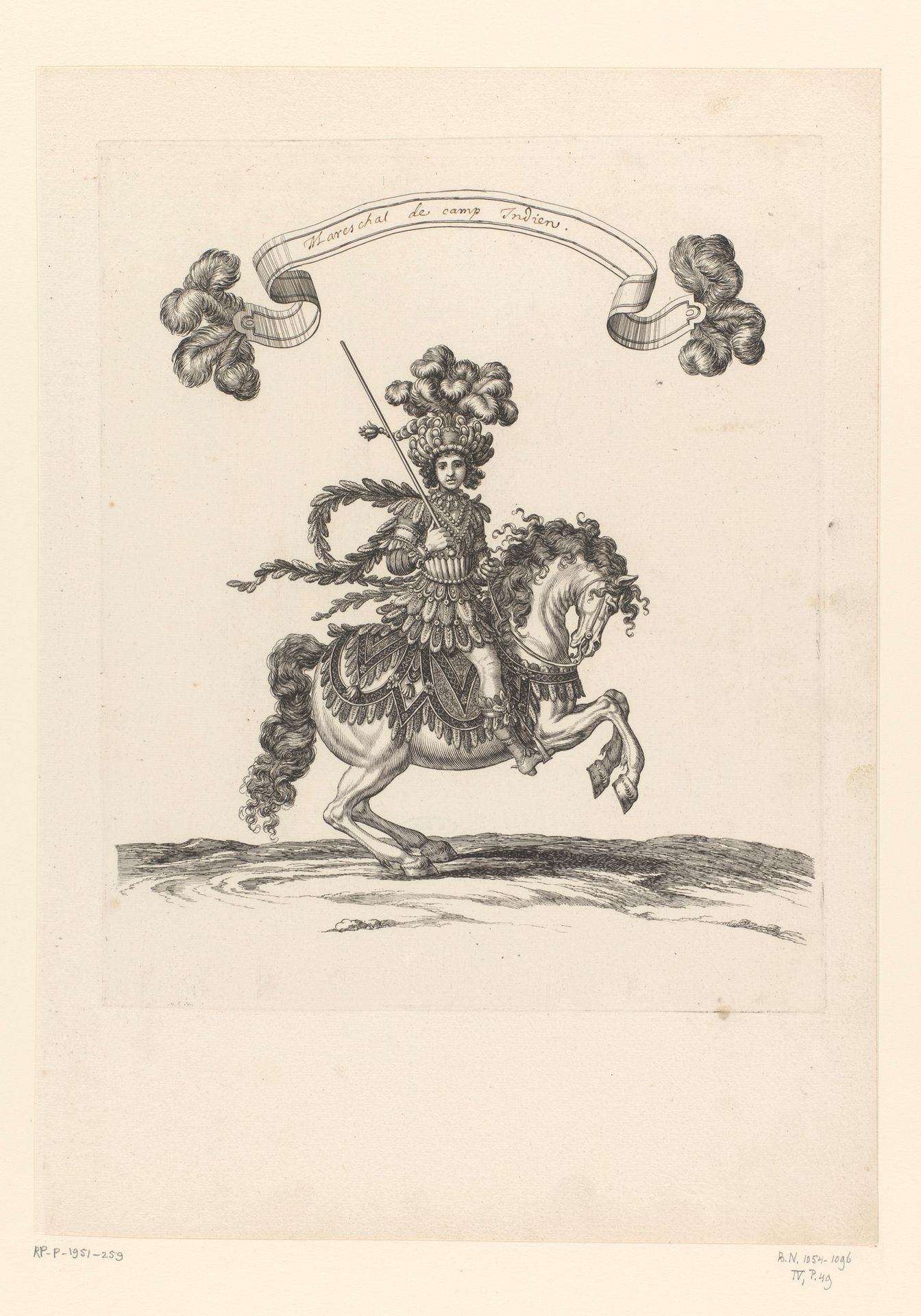 Aanvoerder te paard in fantasiekostuum, aangeduid als 'Indien' by François Chauveau