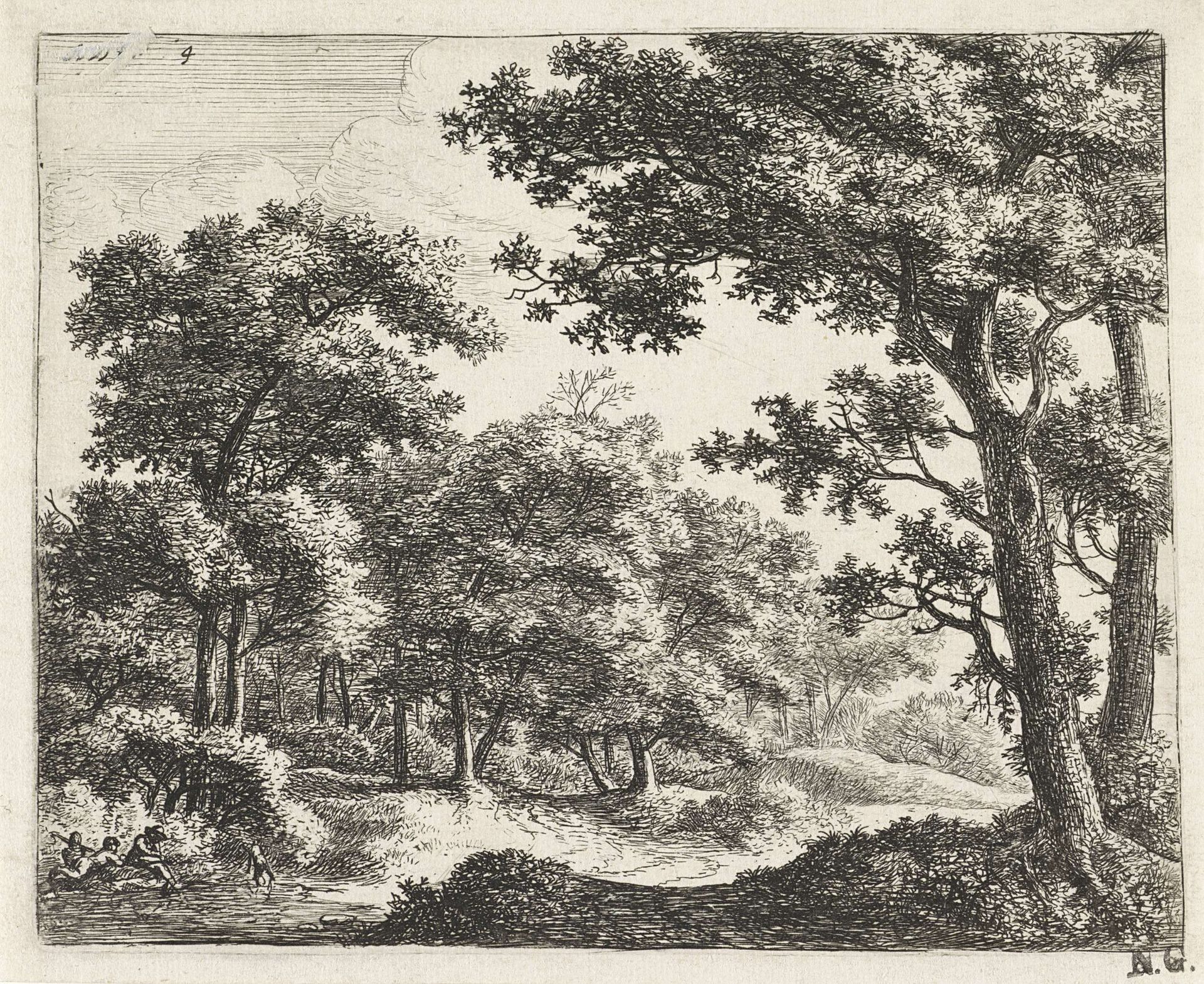 Figuren met een hond bij een beek by Anthonie Waterloo