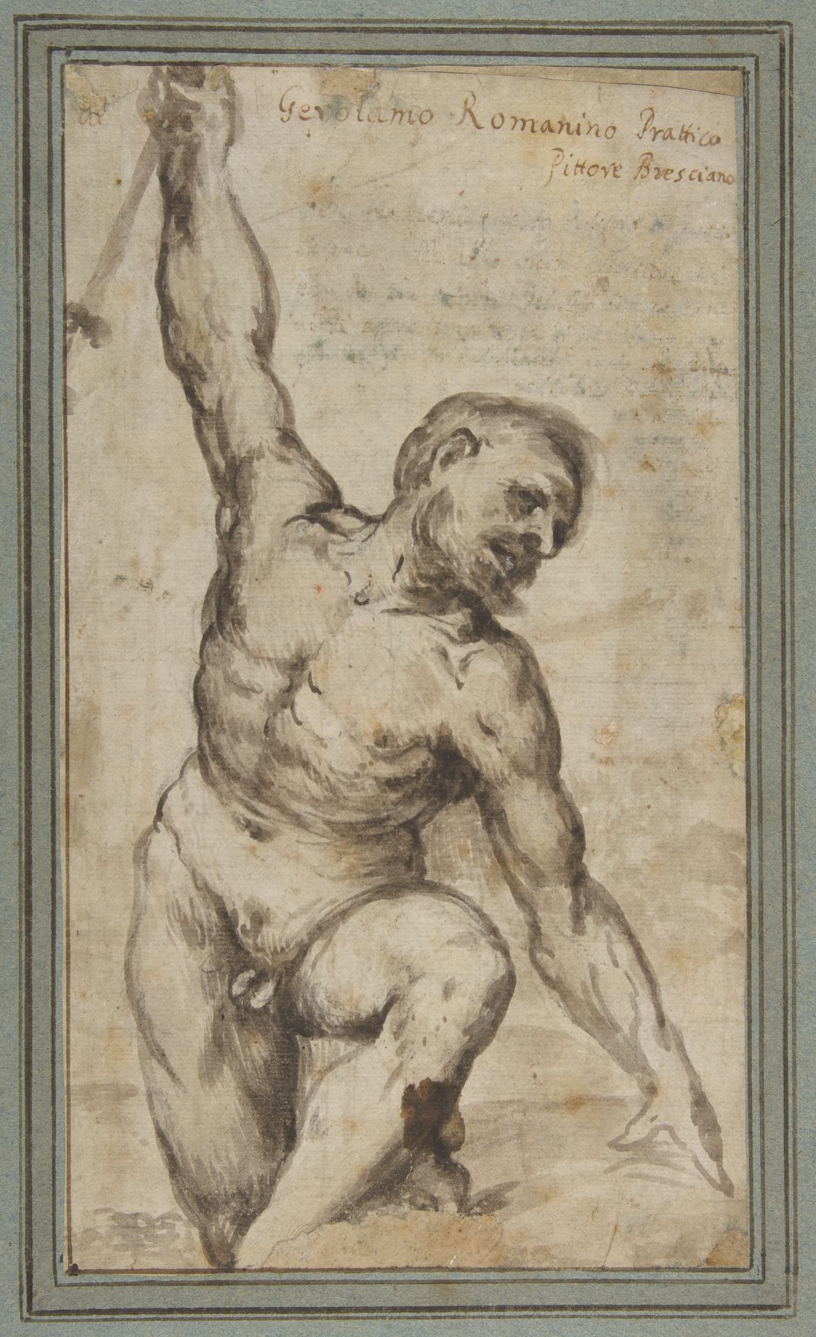 Nude Male Figure with Upraised Right Arm by Girolamo Romanino