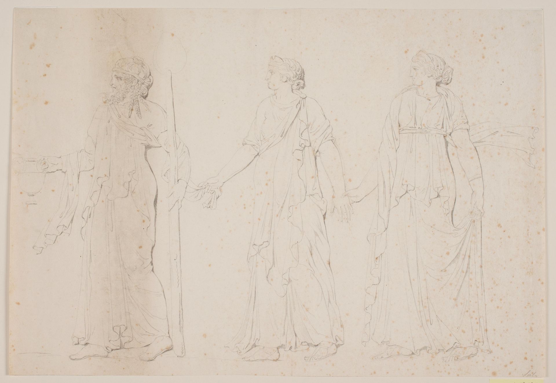 Offerhandling (?) Tre gående figurer i græske gevandter. Forrest en mand bærende en amfora og en stav eller fakkel, derefter to kvinder by Jacques François Joseph Saly