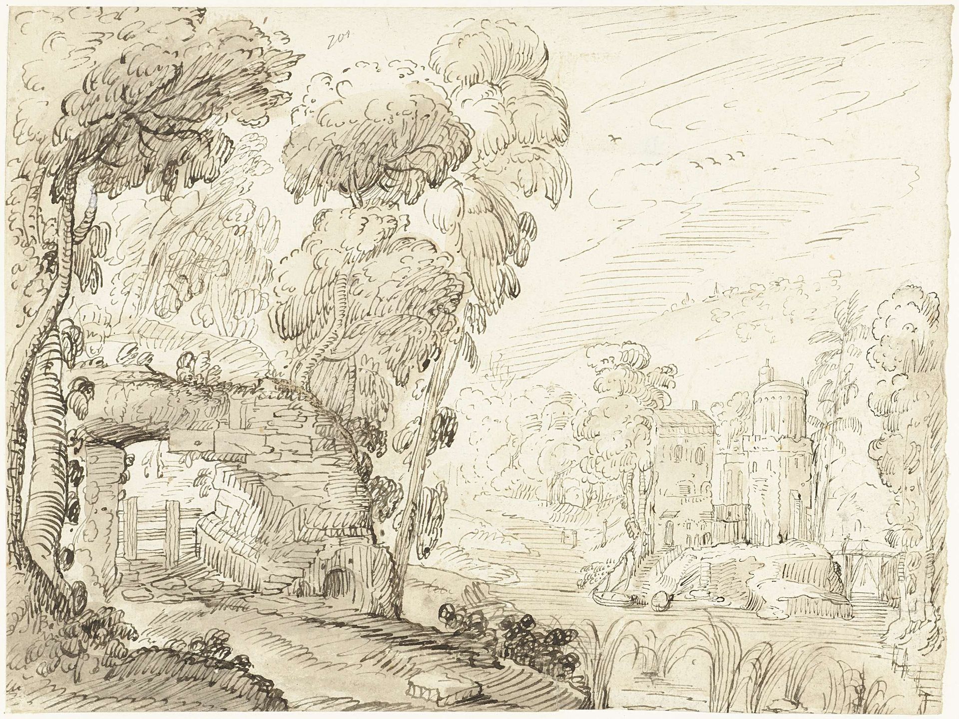Geïdealiseerd Italiaans landschap met een vervallen brug en een kasteel by Gerard ter (I) Borch