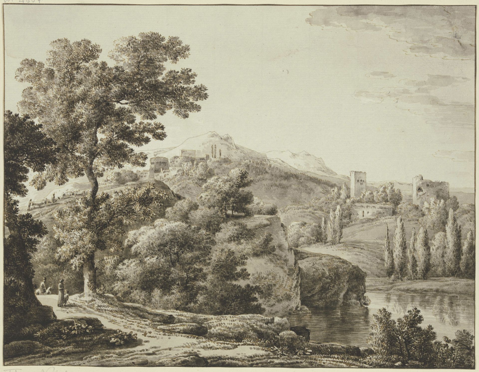 Gebirgslandschaft mit Burgruinen by Franz Kobell