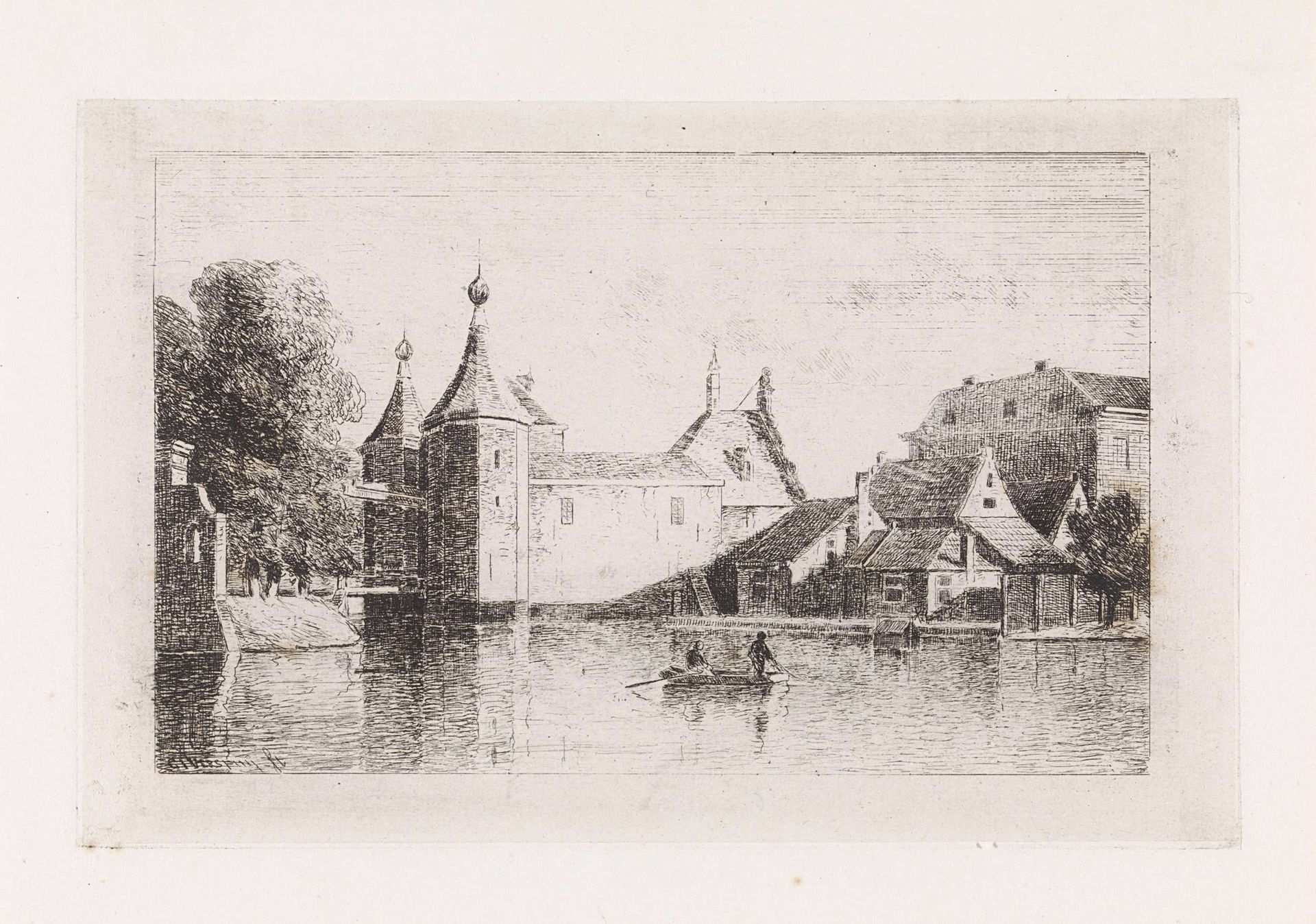 Twee figuren in een boot bij een stadspoort by Gijsbertus Johannes Verspuy