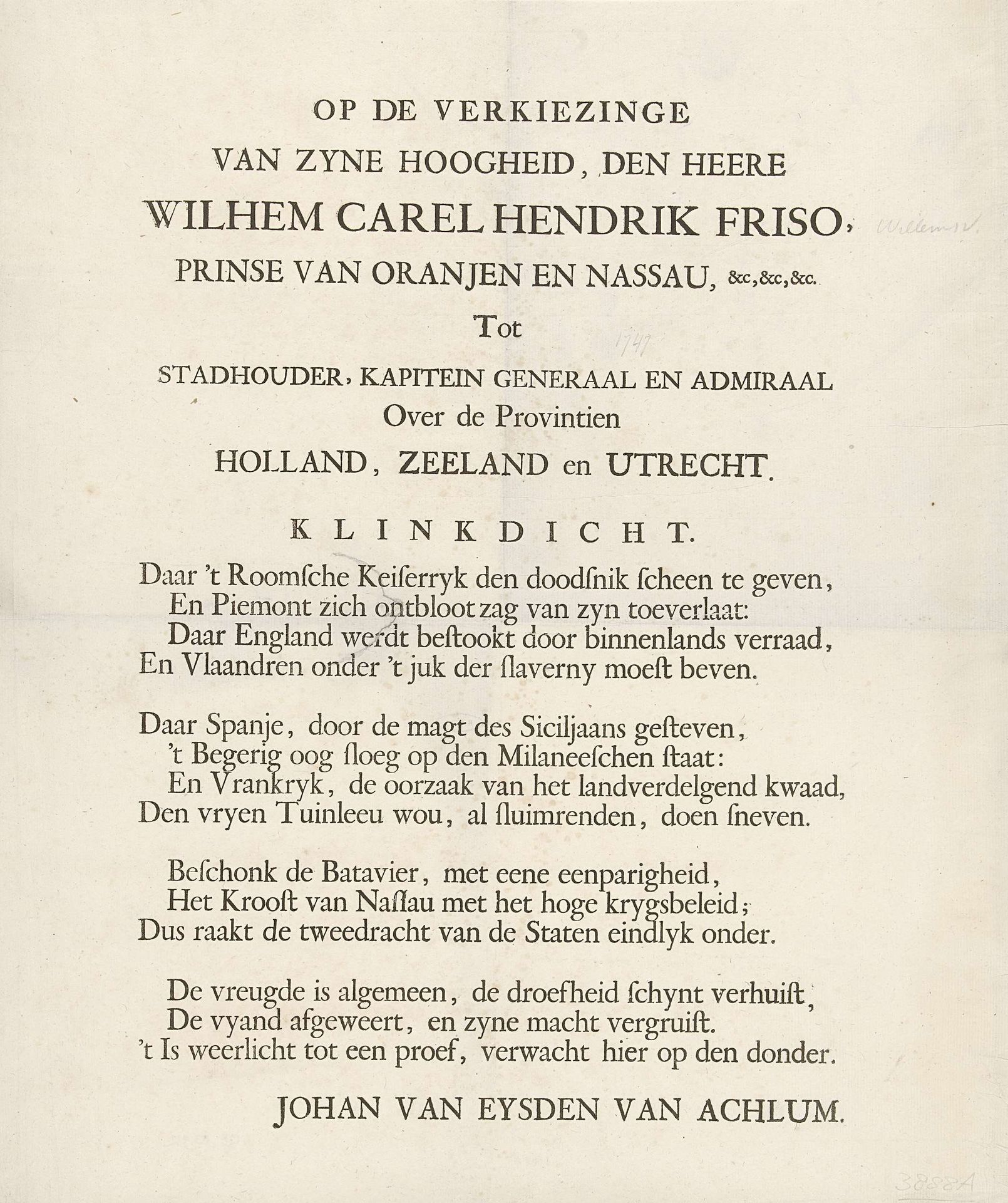 Klinkdicht op de verkiezing van Willem IV tot stadhouder, 1747 by Johan van Eysden van Achlum