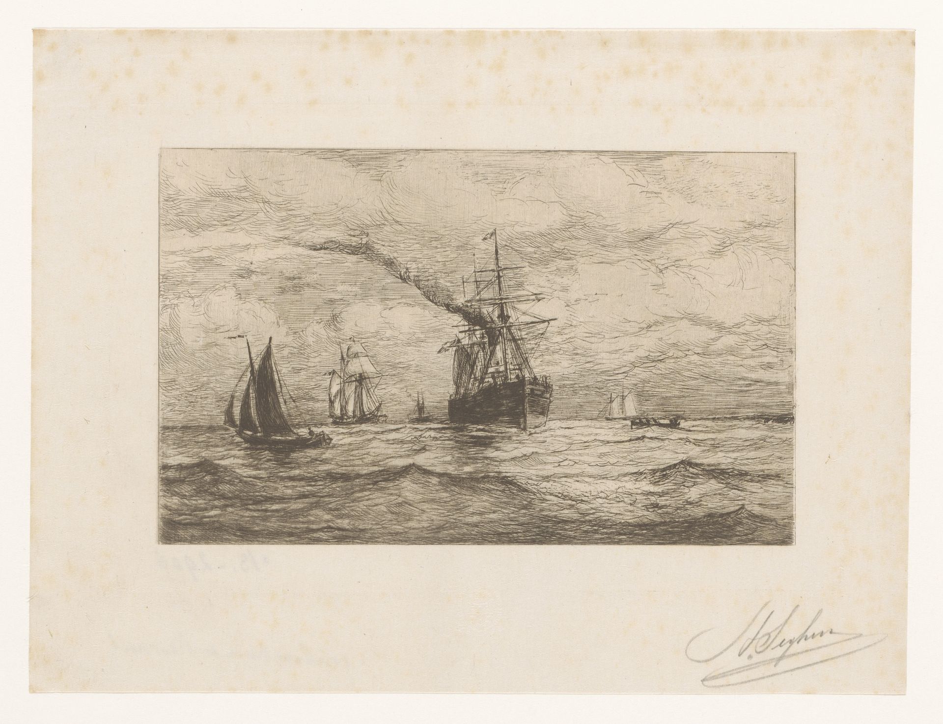 Zeilschepen, een roeiboot, en een zeilstoomschip op open water by Henri Seghers