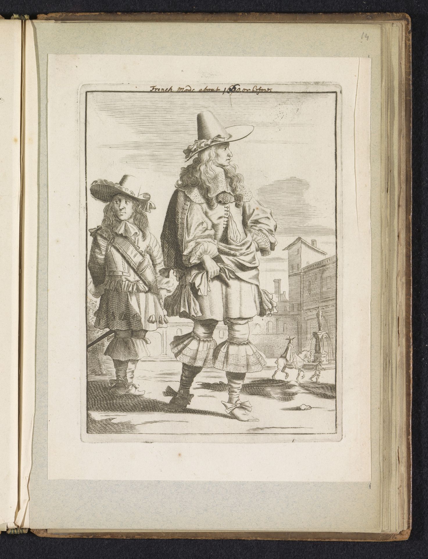 Heer en jongeman gekleed volgens de mode omstreeks 1660, staand op een plein by Jan van Troyen