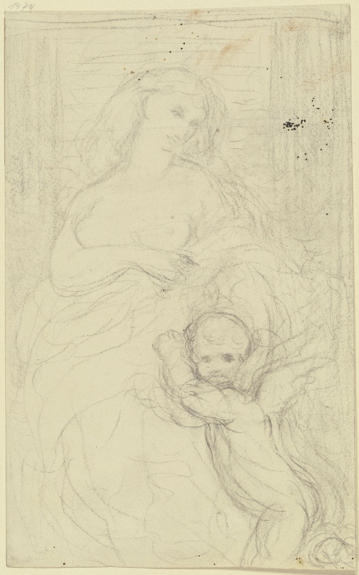 Weiblicher Halbakt, einen vor ihm stehenden Putto liebkosend by Victor Müller