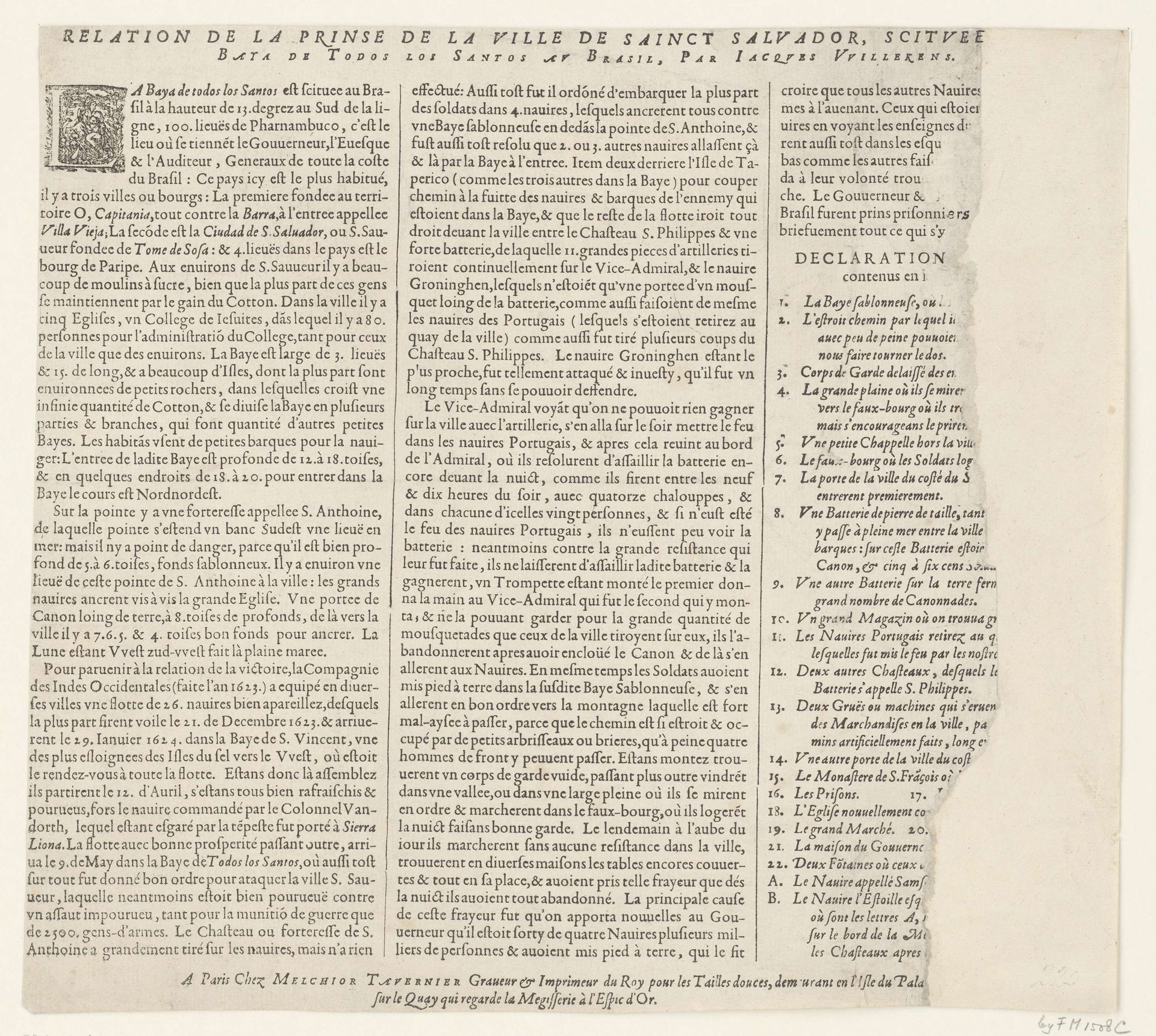 Tekstblad bij de prent van de verovering van San Salvador in Brazilië door admiraal Jacob Willekes, 1624 by Melchior Tavernier
