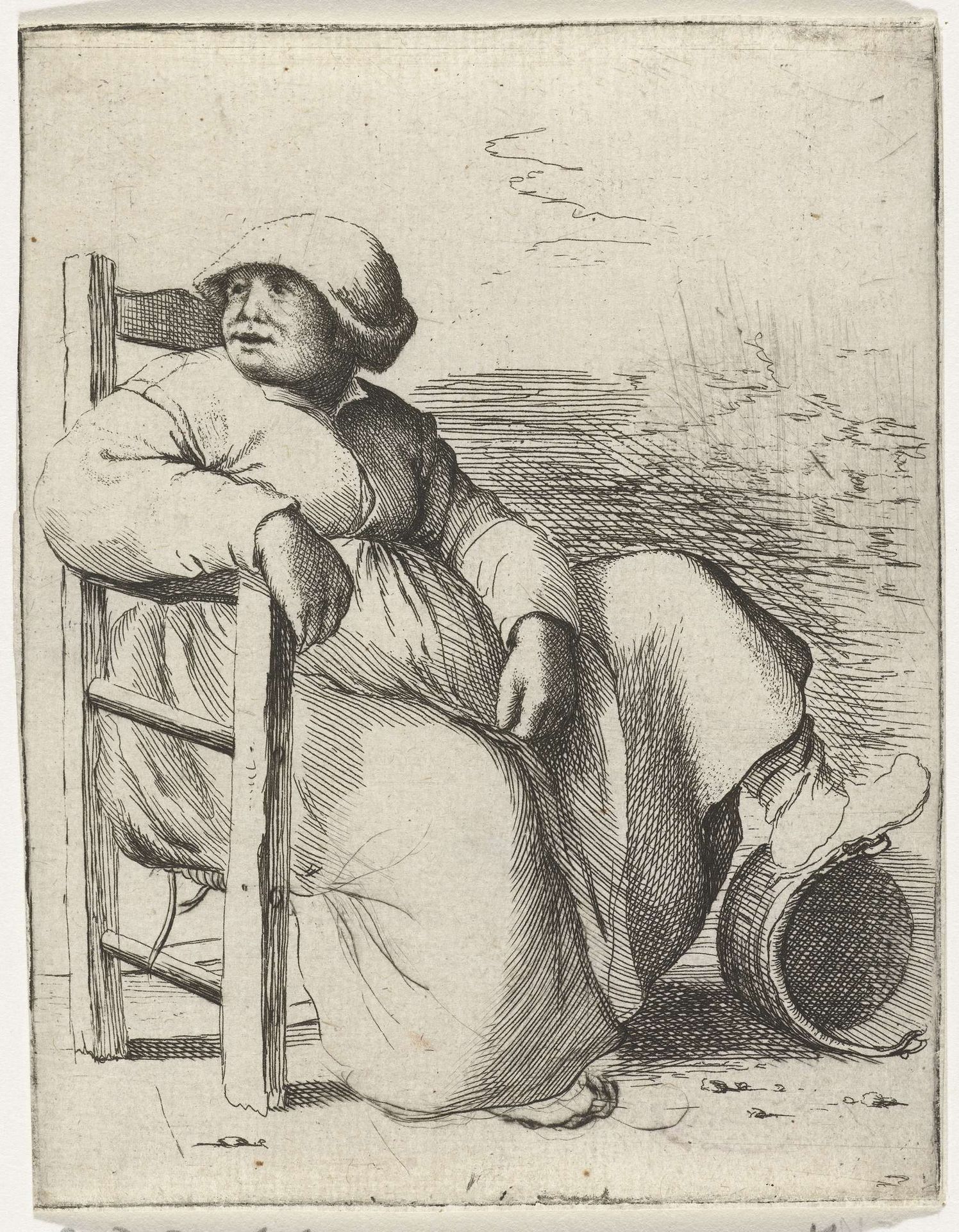 Een vrouw zit op een stoel by Willem Basse
