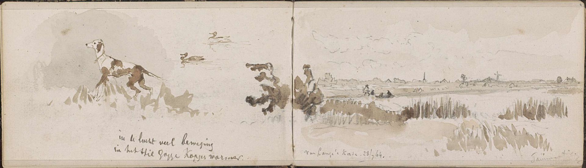 Eenden, een hond in het gras en de Lange Kade aan de Kralingse Plas by Johannes Tavenraat