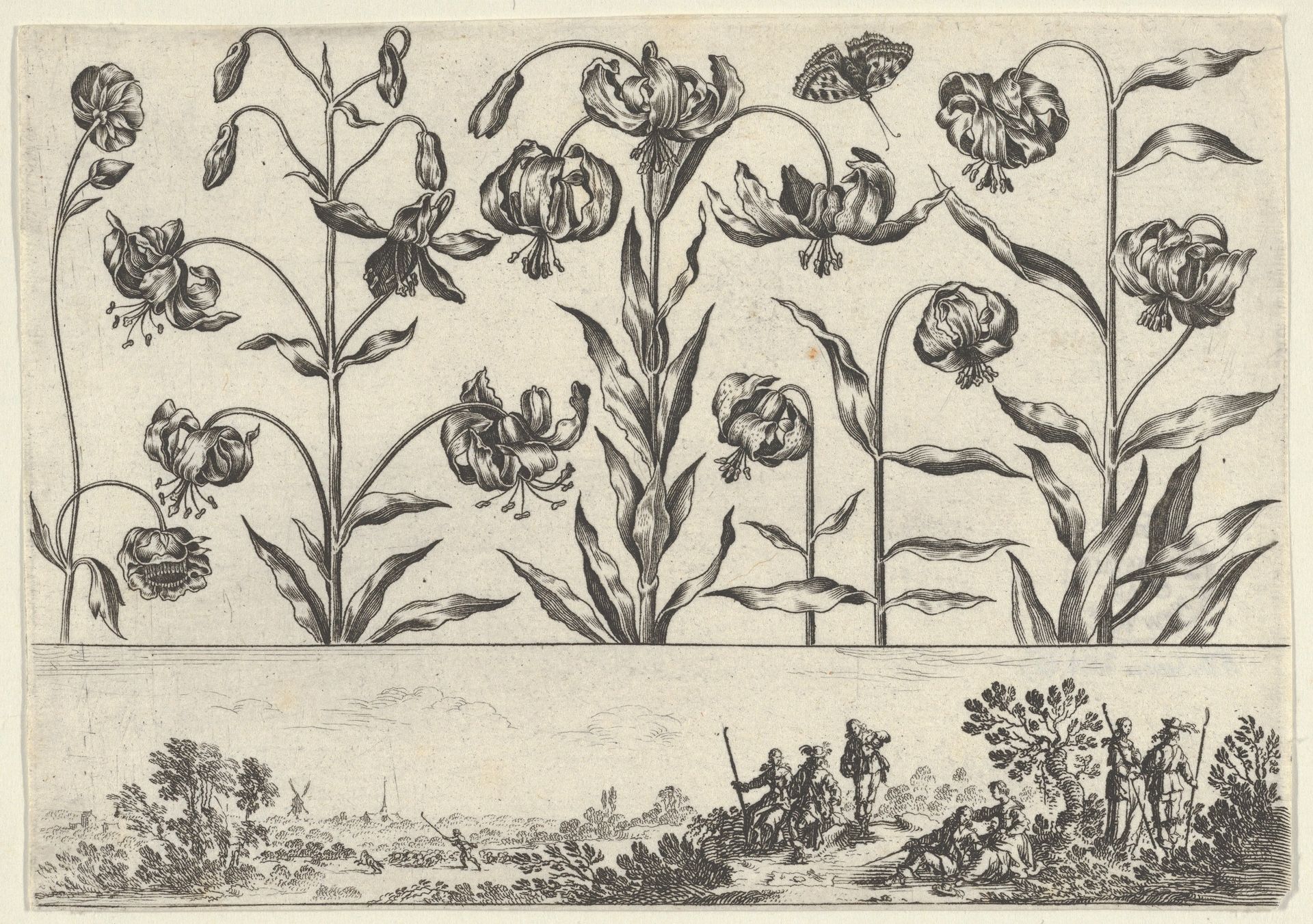 Horizontal Panel with a Row of Flowers Above a Frieze with Figures in a Landscape, from Livre Nouveau de Fleurs Tres-Util by Nicolas Cochin