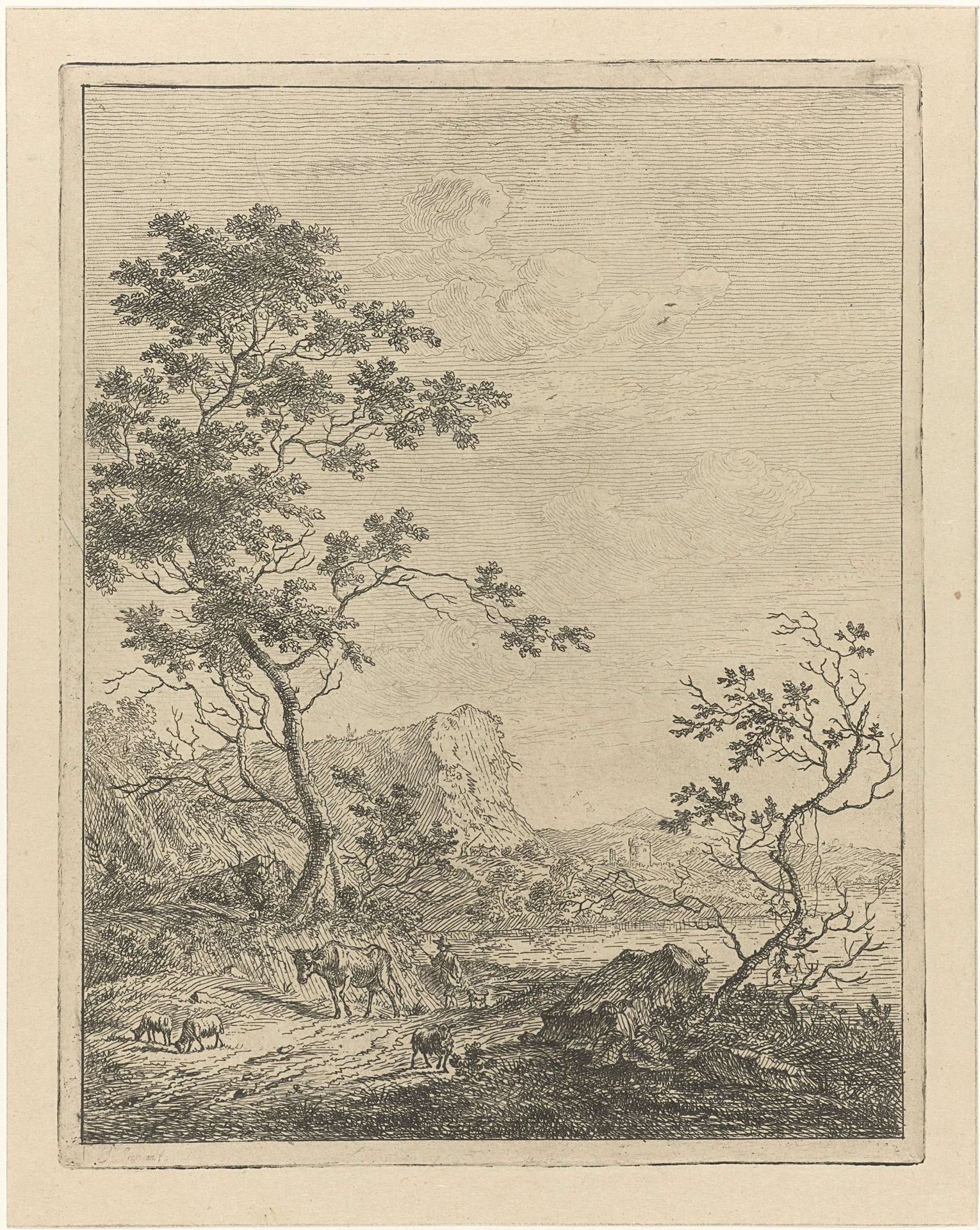 Bergachtig landschap met herder en vee op pad by Johannes Janson