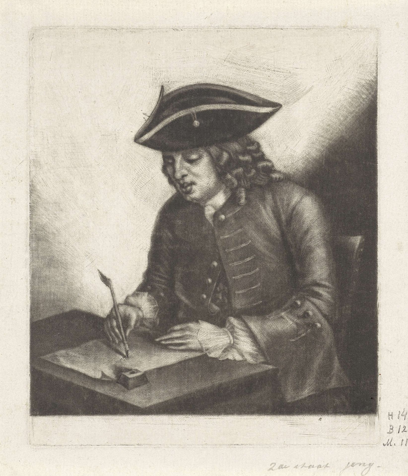Portret van een schrijvende man aan een bureau, mogelijk Pieter Louw by John Greenwood