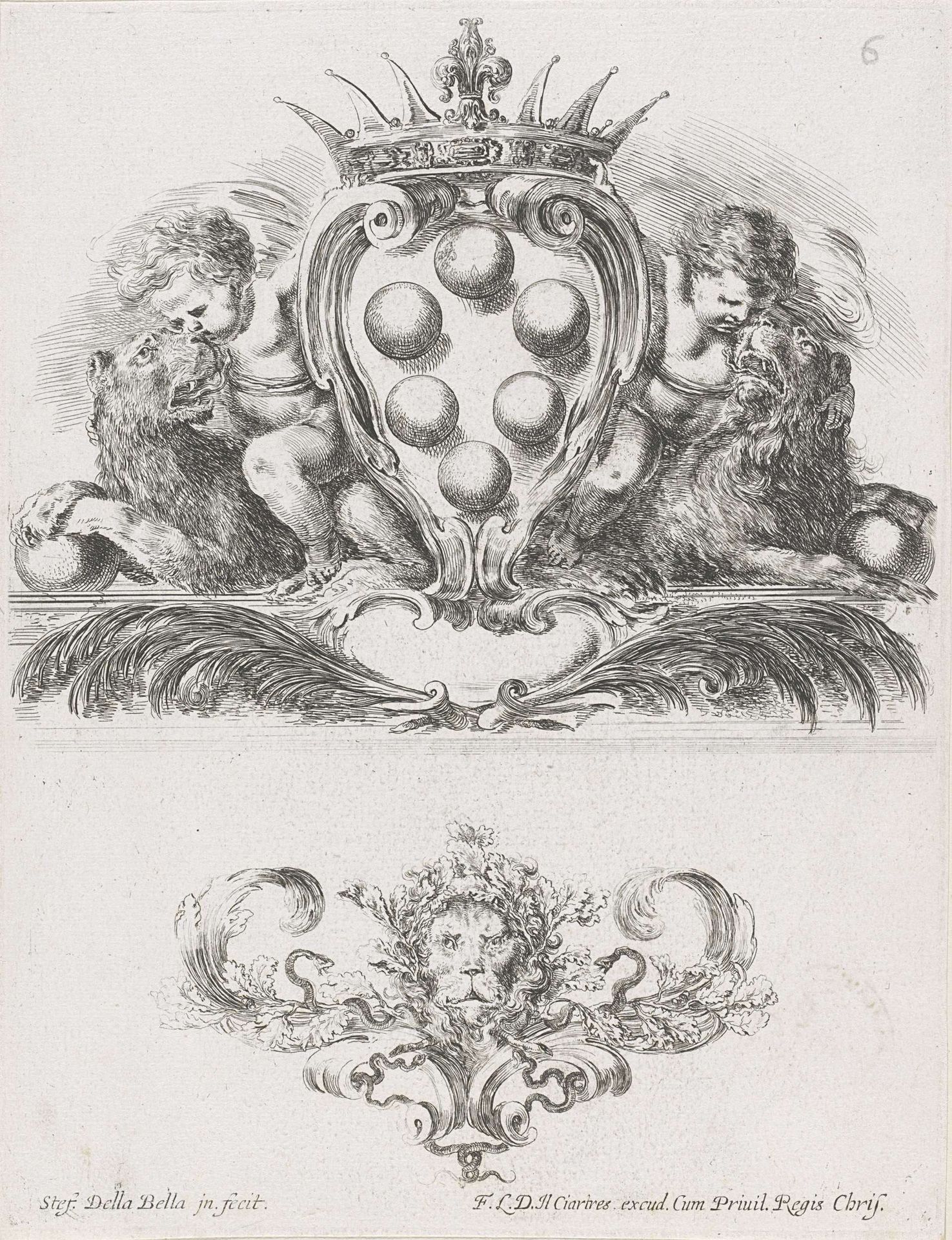 Cartouche met wapenschild en vignet met leeuwenkop by Stefano della Bella